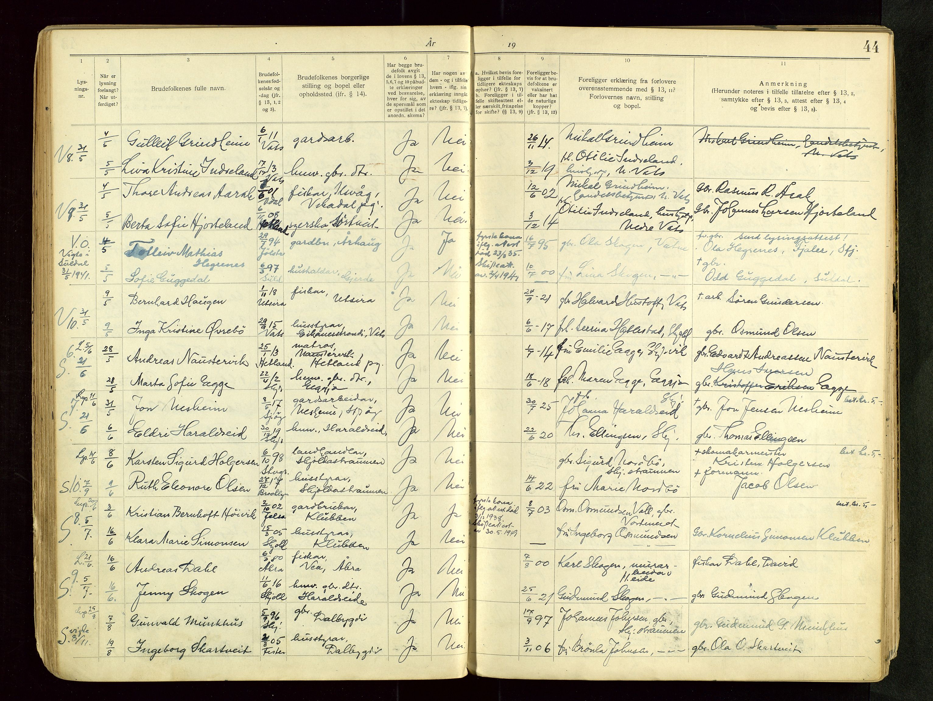 Skjold sokneprestkontor, AV/SAST-A-101847/I/Ie/L0001: Banns register no. 1, 1919-1966, p. 44