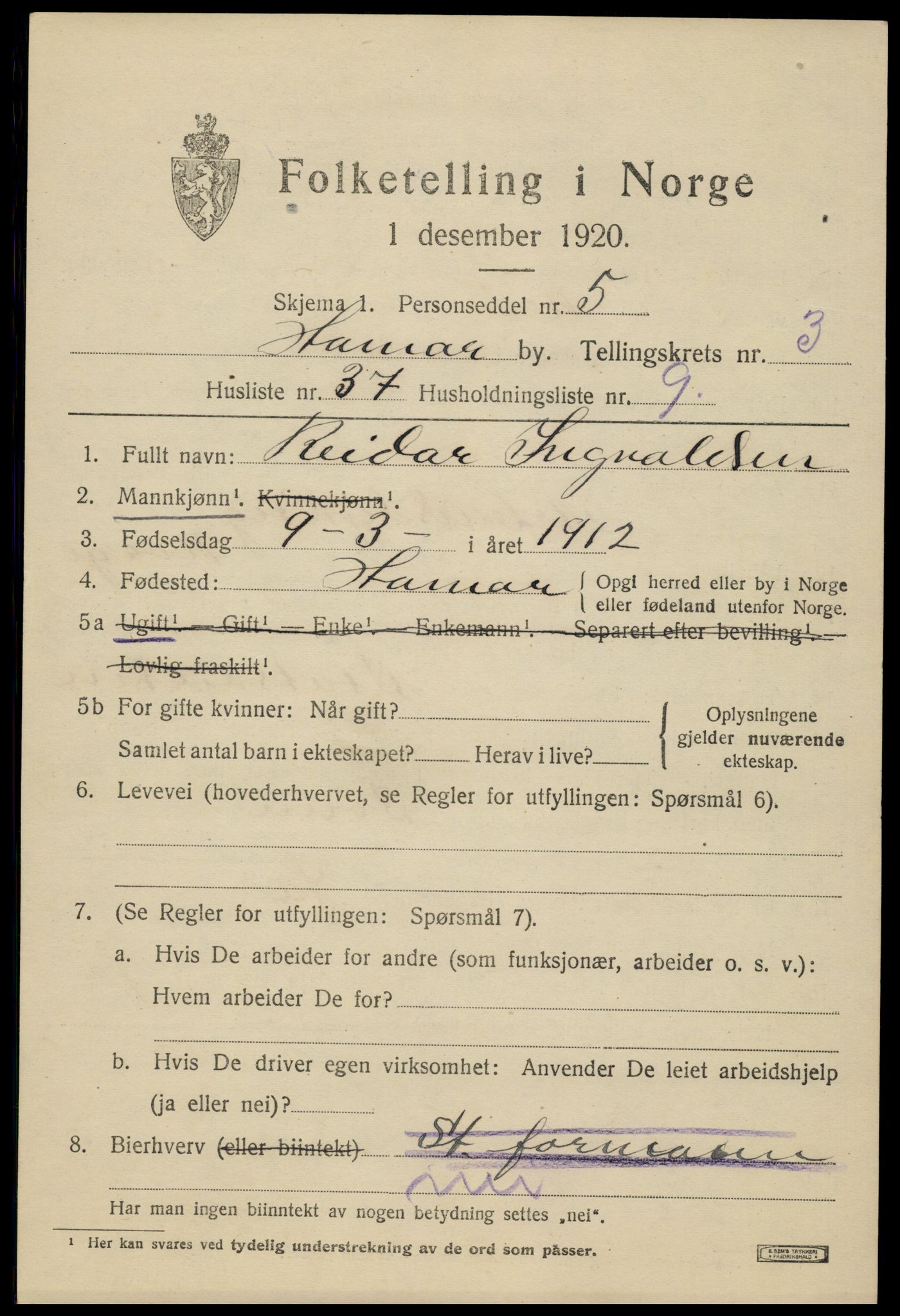 SAH, 1920 census for Hamar, 1920, p. 7789