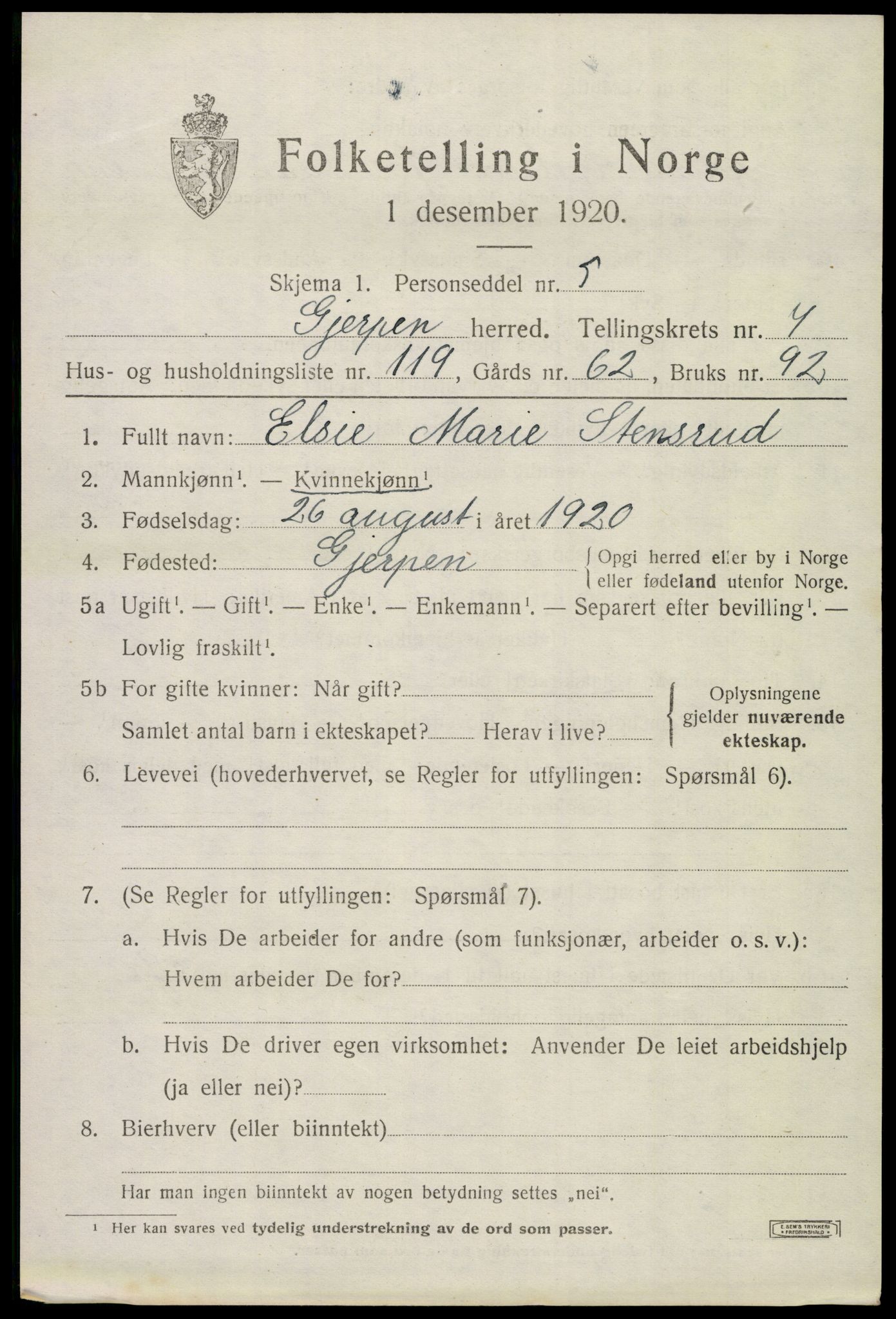 SAKO, 1920 census for Gjerpen, 1920, p. 9530