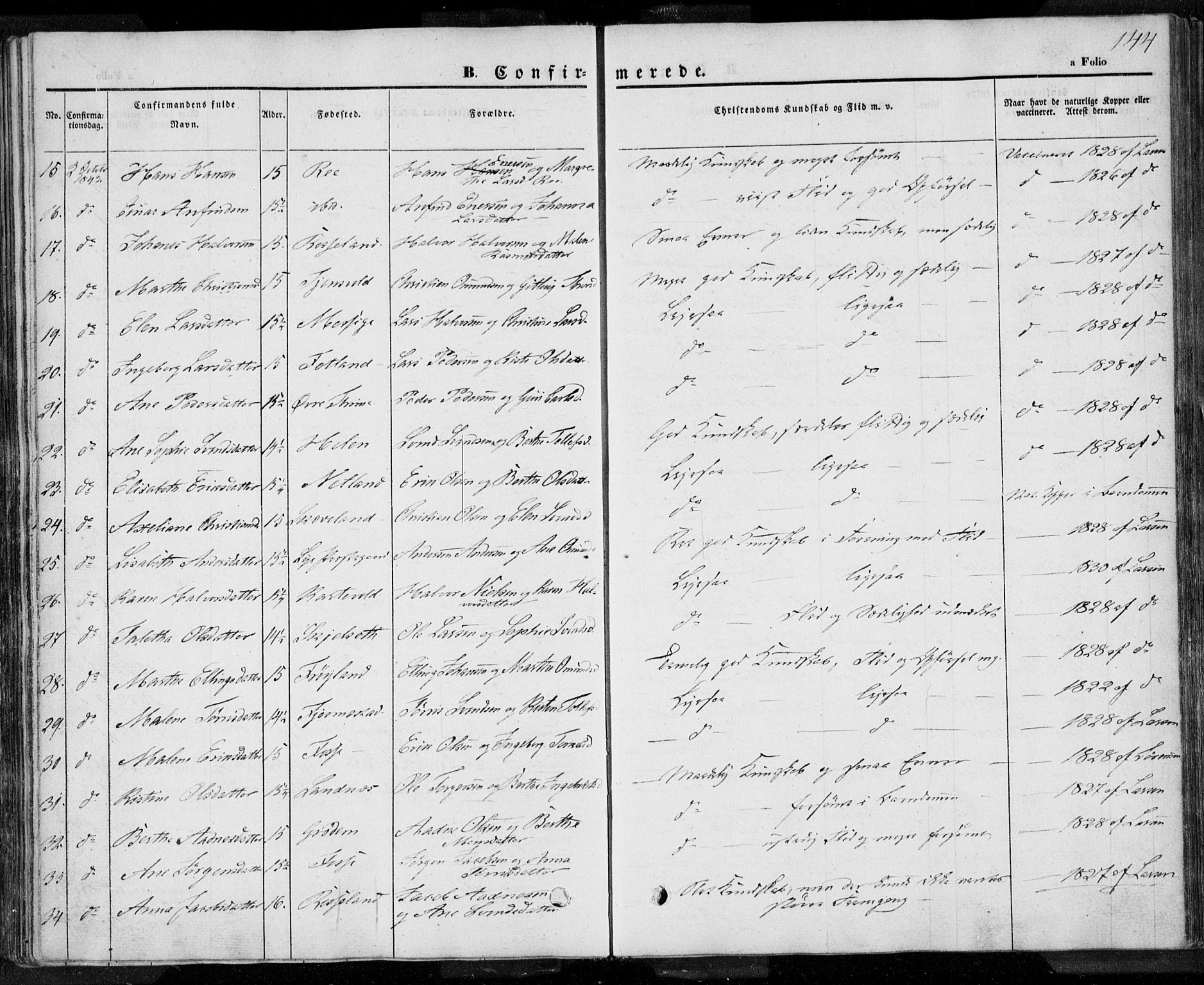 Lye sokneprestkontor, SAST/A-101794/001/30BA/L0005: Parish register (official) no. A 5.1, 1842-1855, p. 144