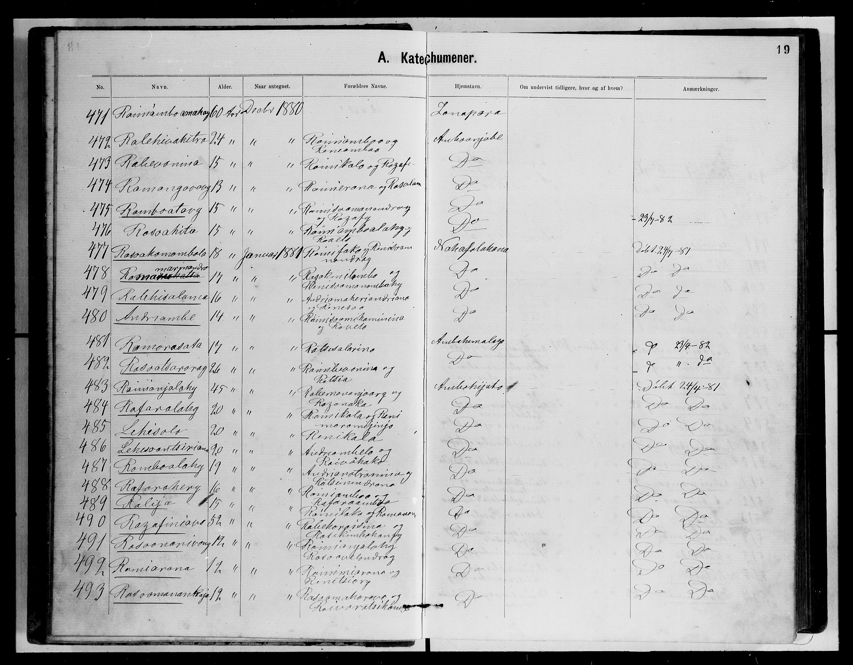 Archives FLM/NMS, Madagaskar, VID/MA-A-1163/D/Db/L0269: Parish register (official) no. 1, 1867-1884, p. 19