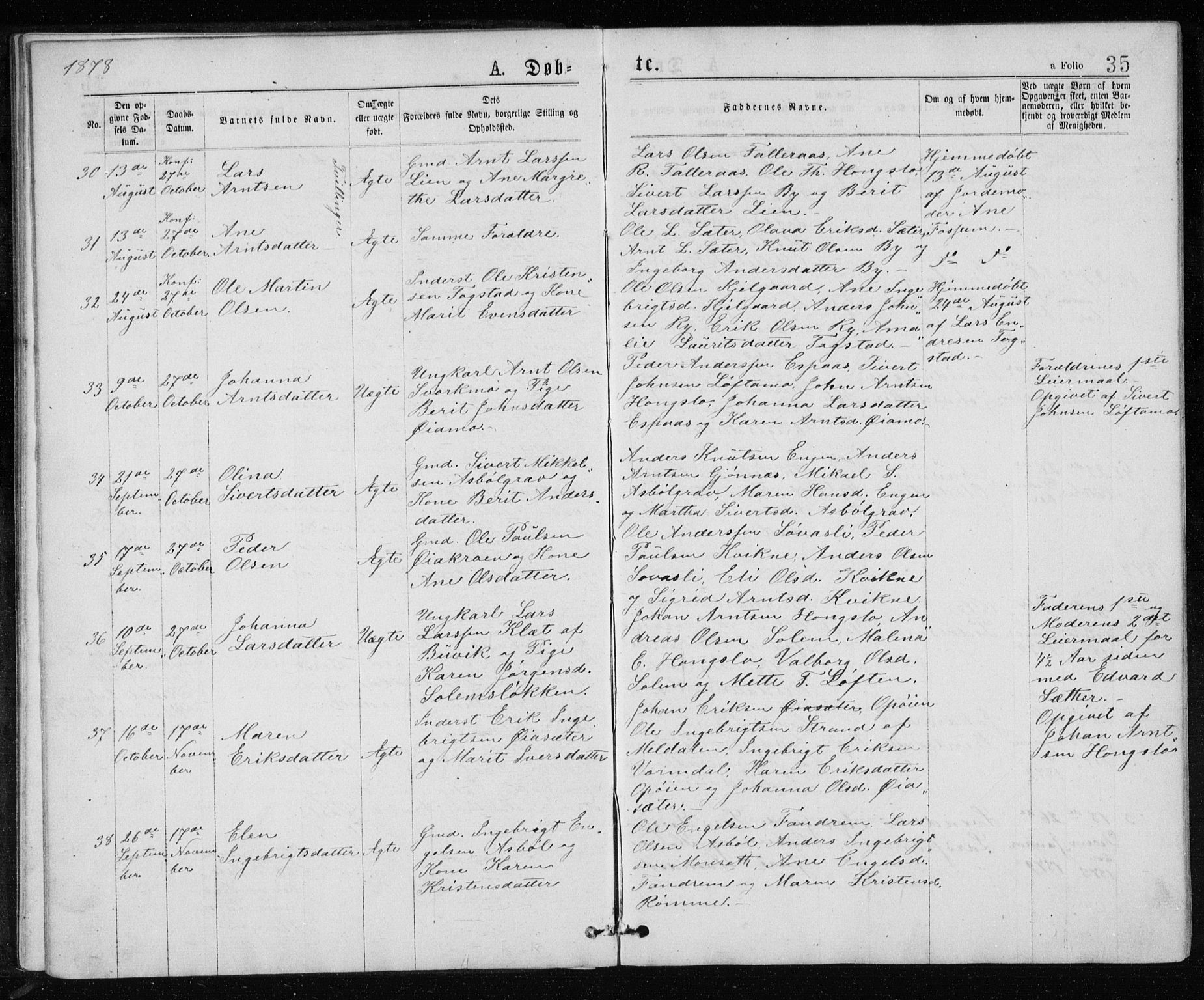 Ministerialprotokoller, klokkerbøker og fødselsregistre - Sør-Trøndelag, AV/SAT-A-1456/671/L0843: Parish register (copy) no. 671C02, 1873-1892, p. 35