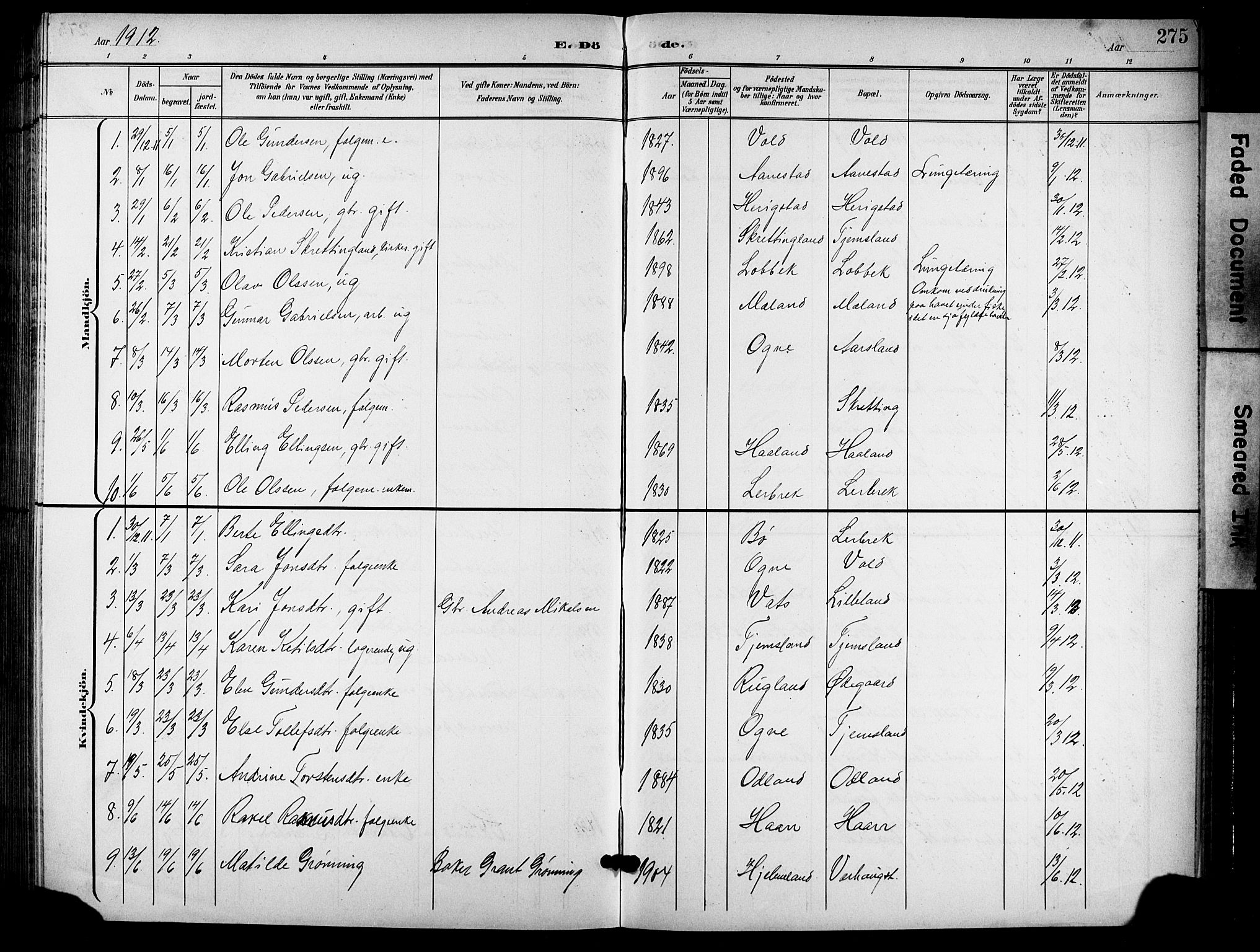 Hå sokneprestkontor, AV/SAST-A-101801/001/30BB/L0006: Parish register (copy) no. B 6, 1900-1924, p. 275