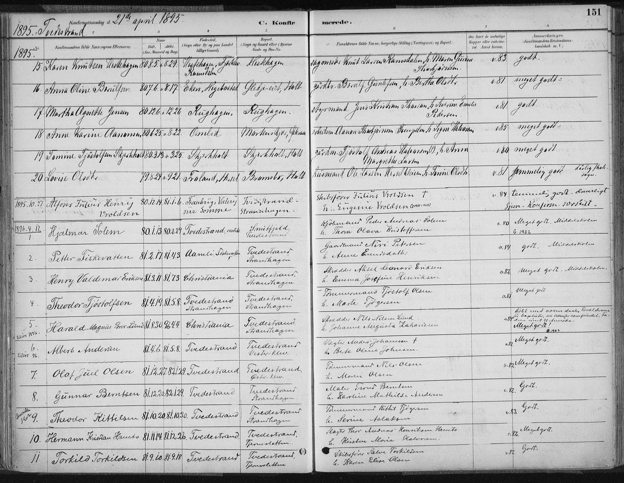 Tvedestrand sokneprestkontor, SAK/1111-0042/F/Fa/L0001: Parish register (official) no. A 1, 1885-1916, p. 151