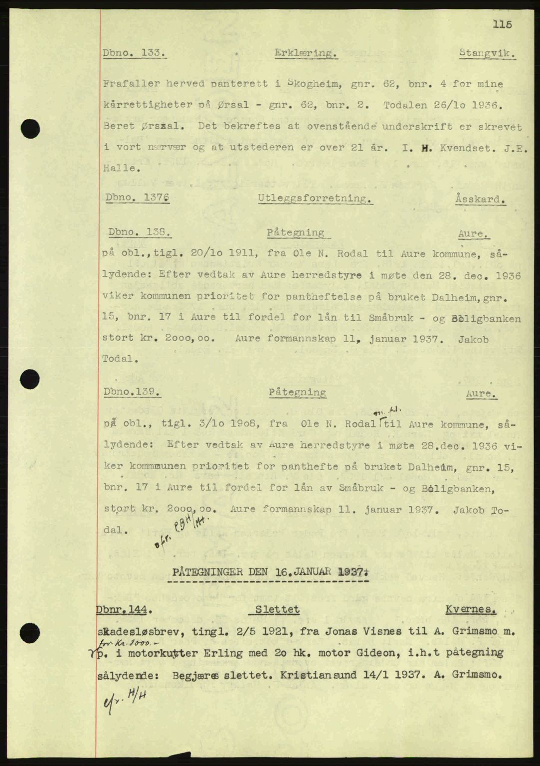 Nordmøre sorenskriveri, AV/SAT-A-4132/1/2/2Ca: Mortgage book no. C80, 1936-1939, Diary no: : 133/1937