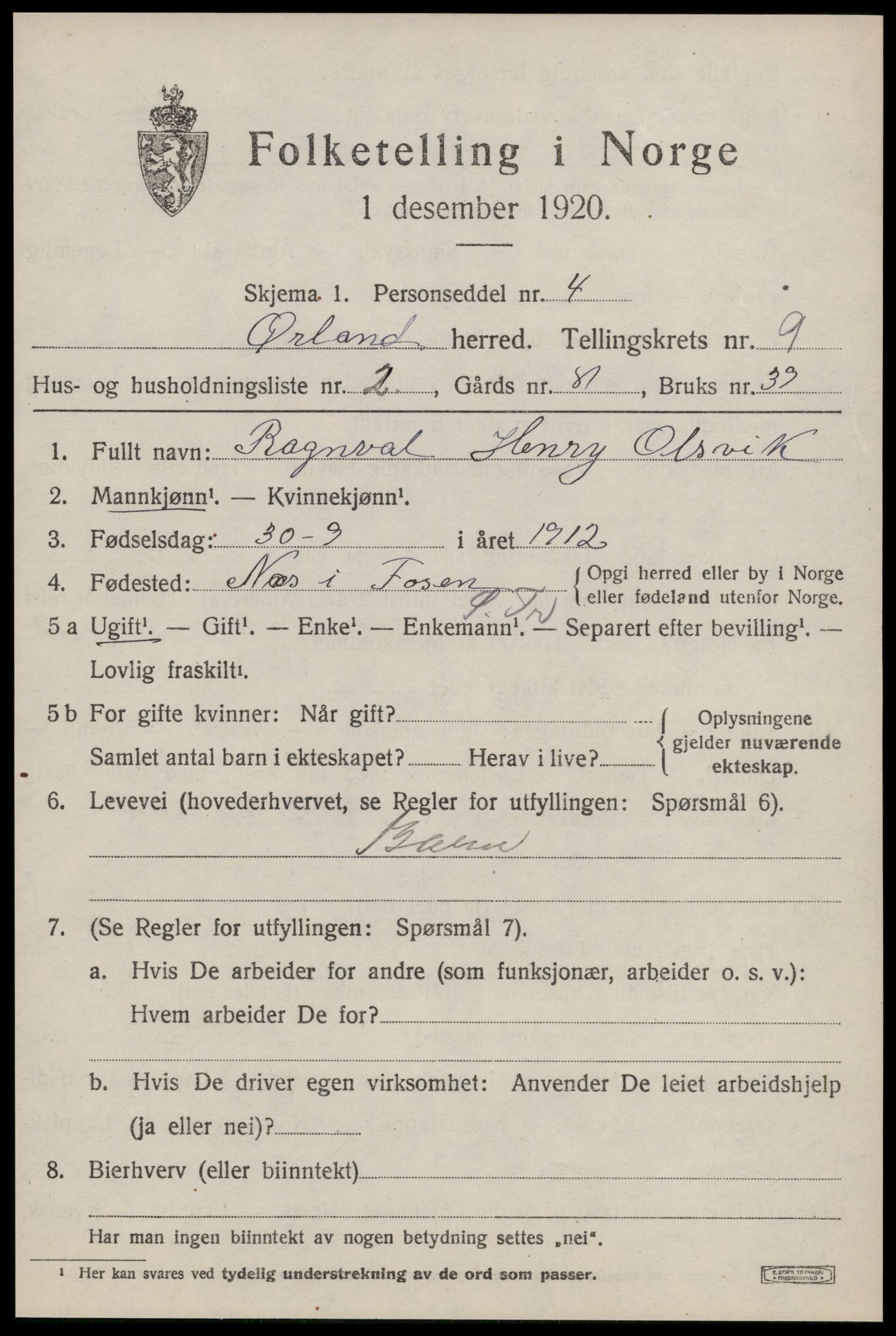 SAT, 1920 census for Ørland, 1920, p. 7863