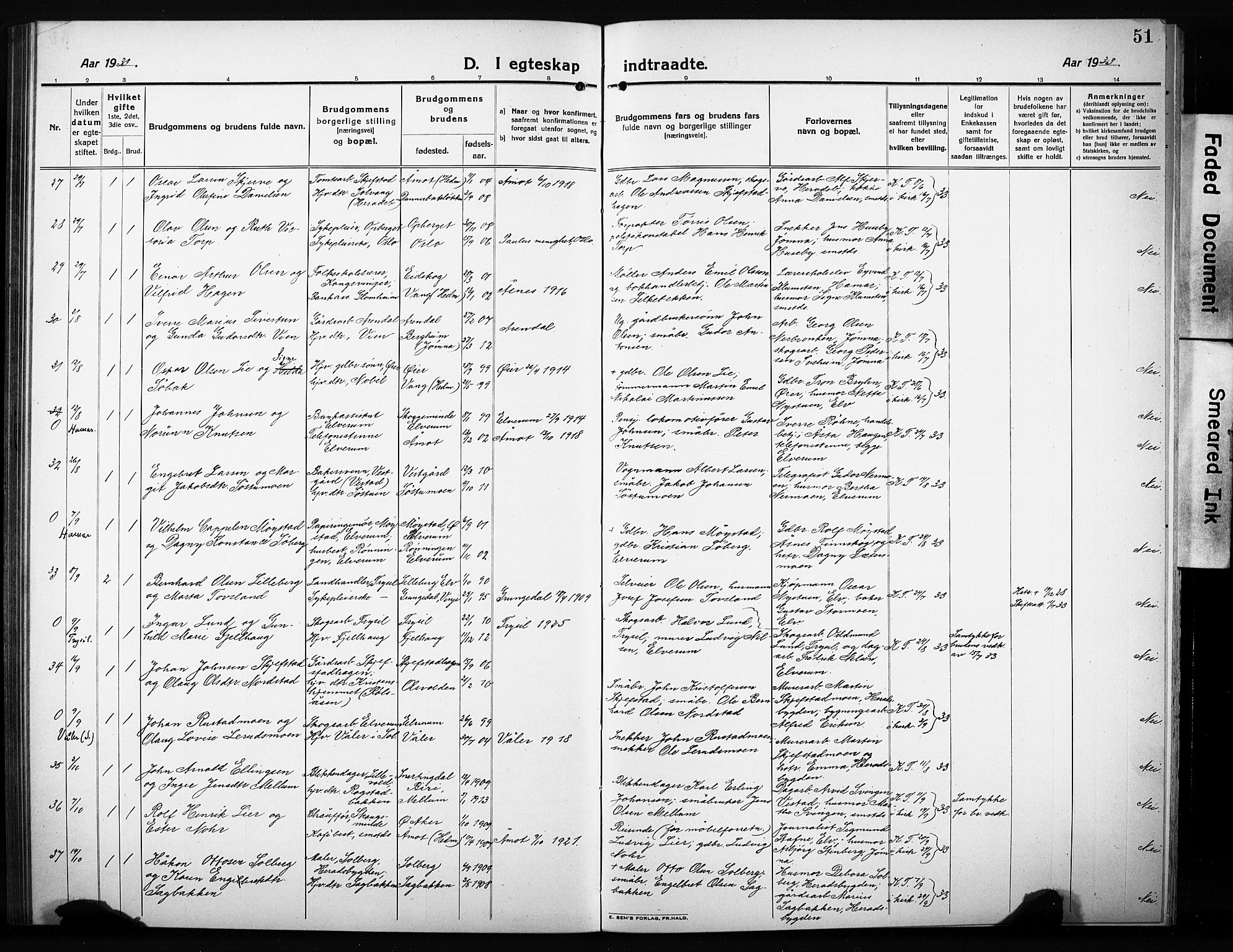 Elverum prestekontor, AV/SAH-PREST-044/H/Ha/Hab/L0014: Parish register (copy) no. 14, 1922-1933, p. 51