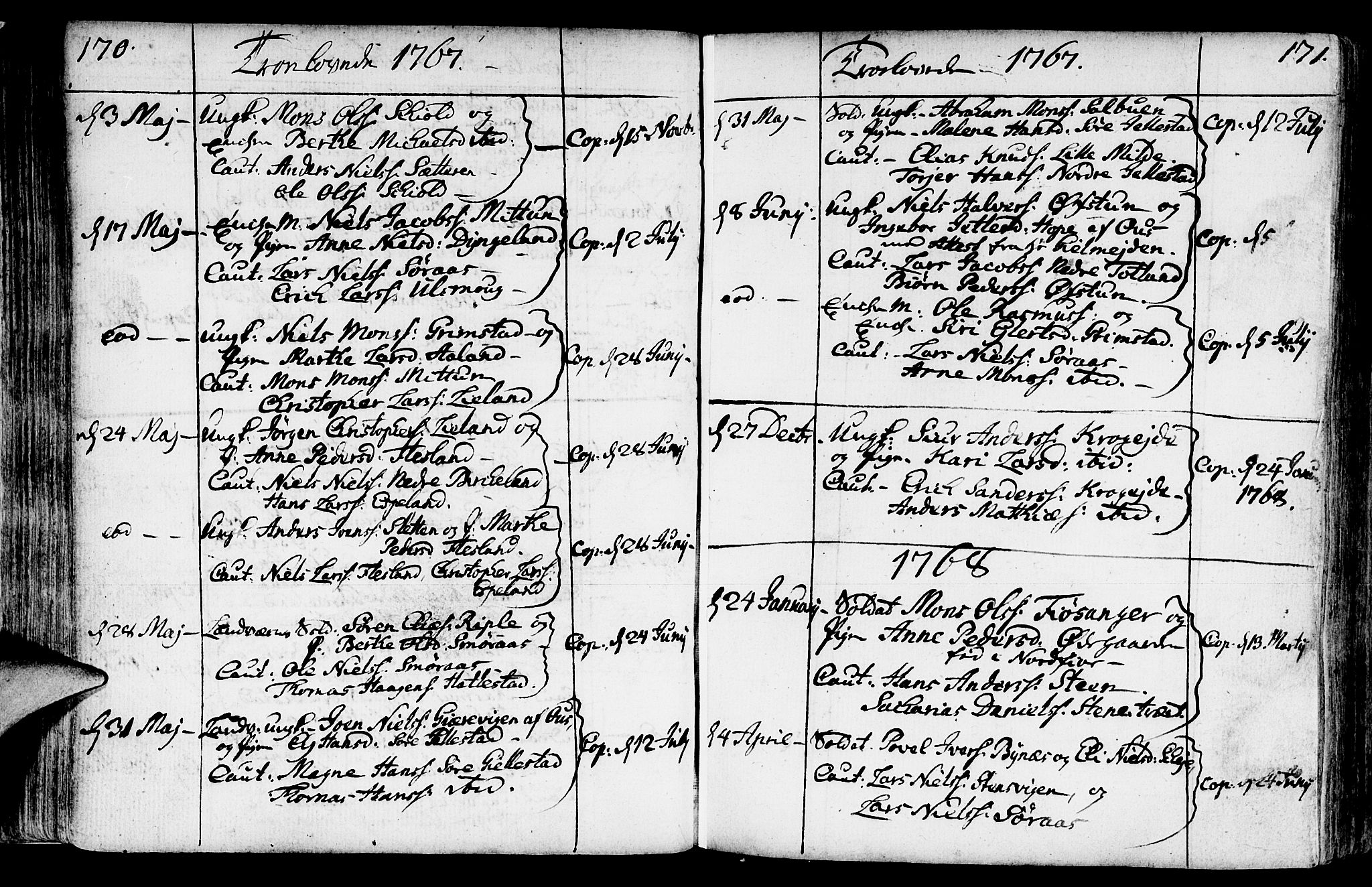Fana Sokneprestembete, AV/SAB-A-75101/H/Haa/Haaa/L0004: Parish register (official) no. A 4, 1757-1774, p. 170-171