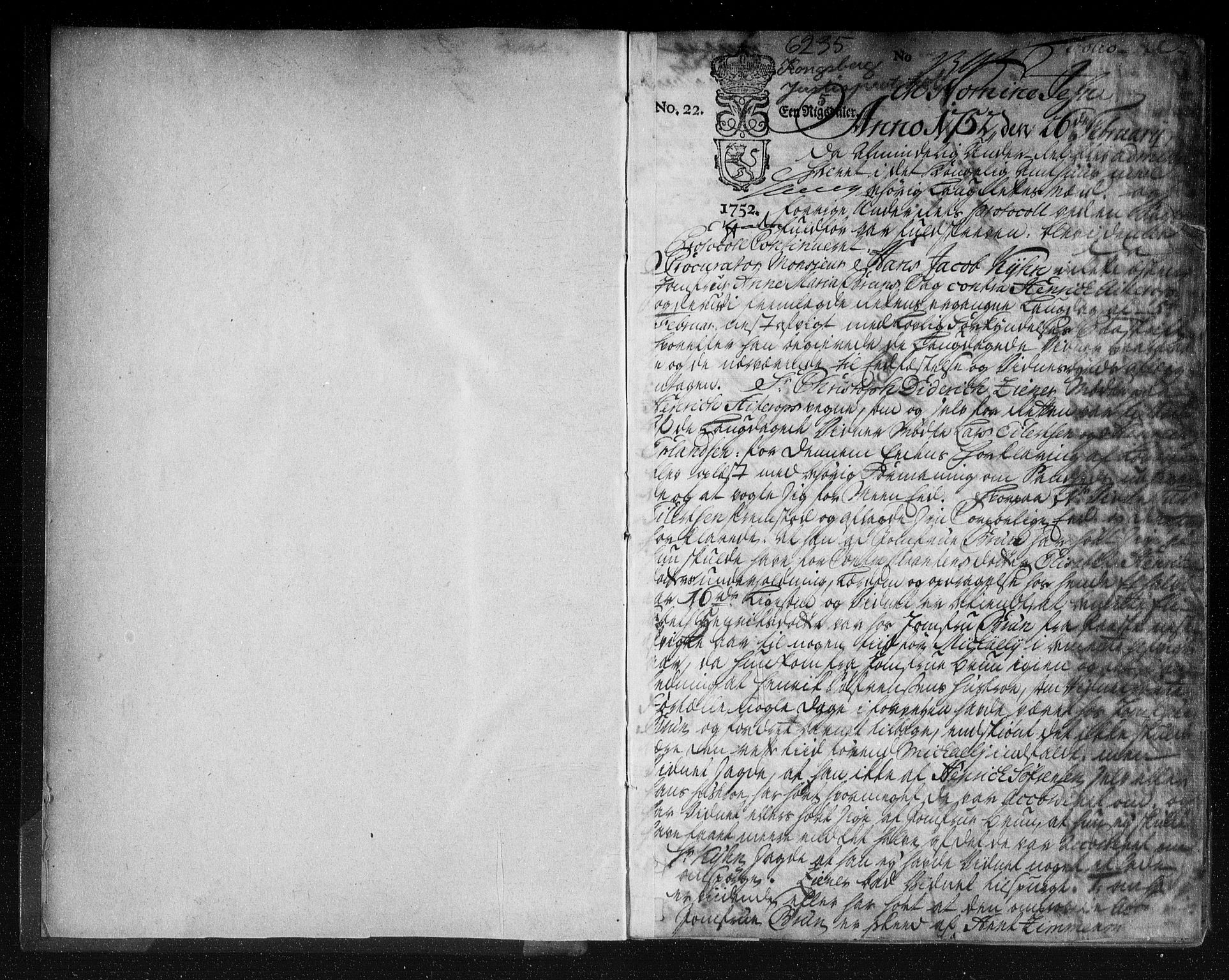 Kongsberg byfogd, SAKO/A-84/F/Fa/L0005: Tingbok, 1752-1754, p. 1