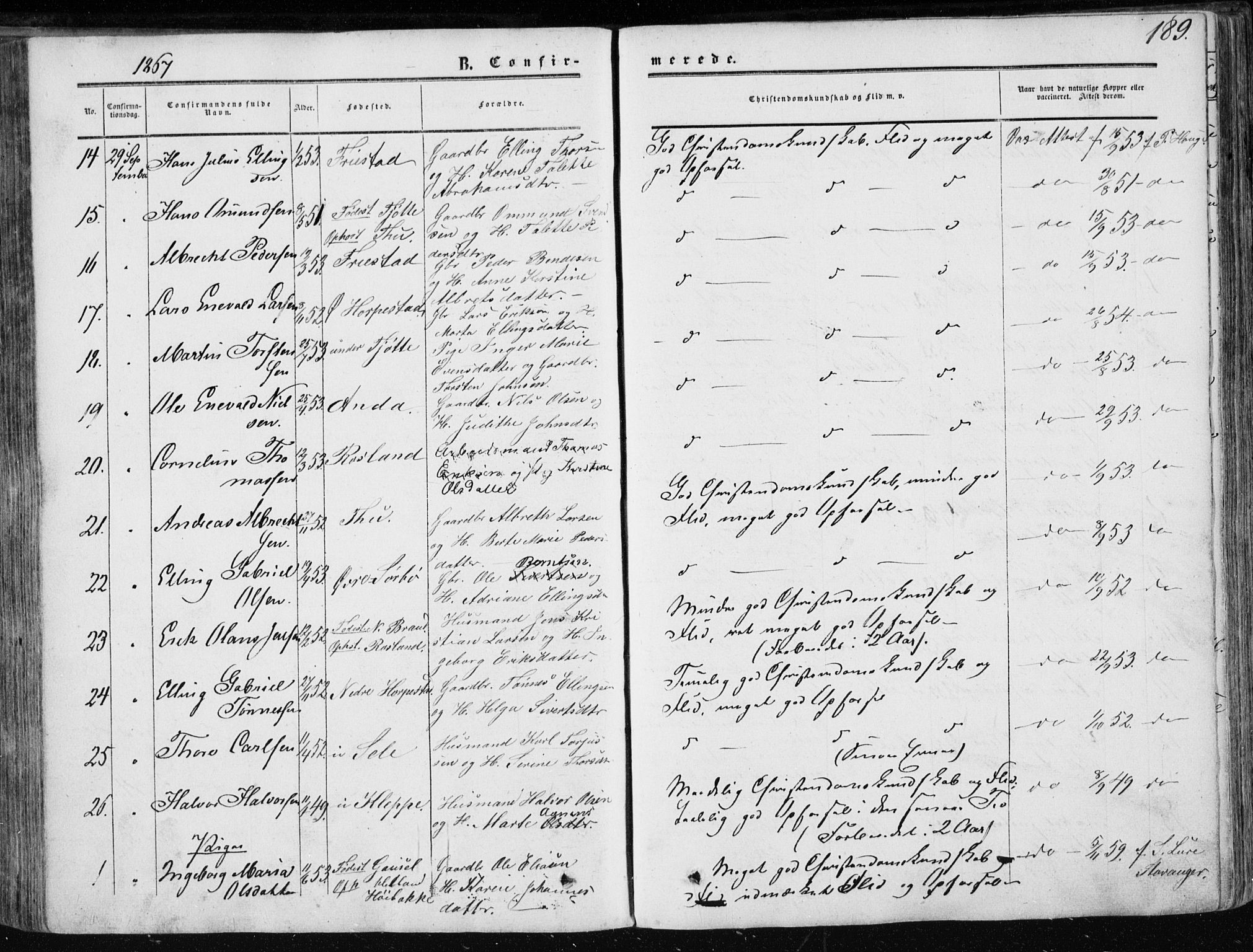 Klepp sokneprestkontor, SAST/A-101803/001/3/30BA/L0005: Parish register (official) no. A 5, 1853-1870, p. 189