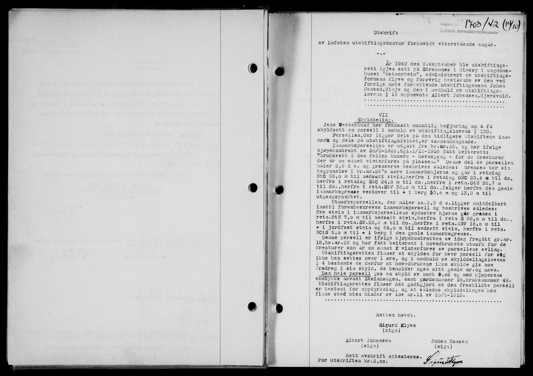 Lofoten sorenskriveri, SAT/A-0017/1/2/2C/L0010a: Mortgage book no. 10a, 1942-1943, Diary no: : 1703/1942