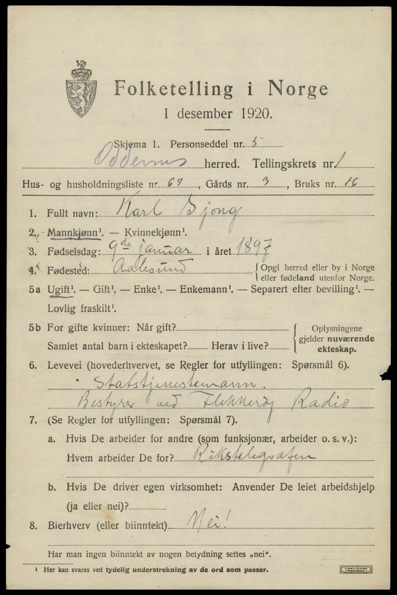 SAK, 1920 census for Oddernes, 1920, p. 2819