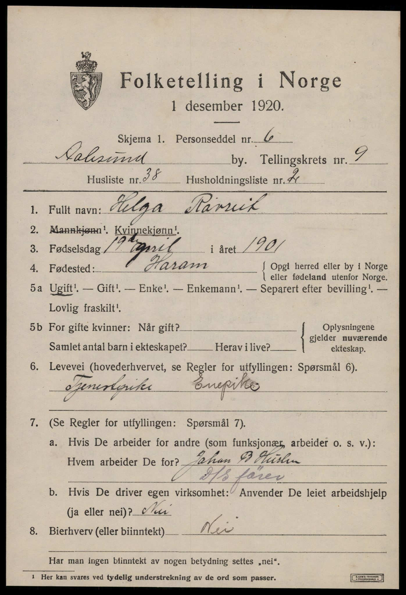 SAT, 1920 census for Ålesund, 1920, p. 23824