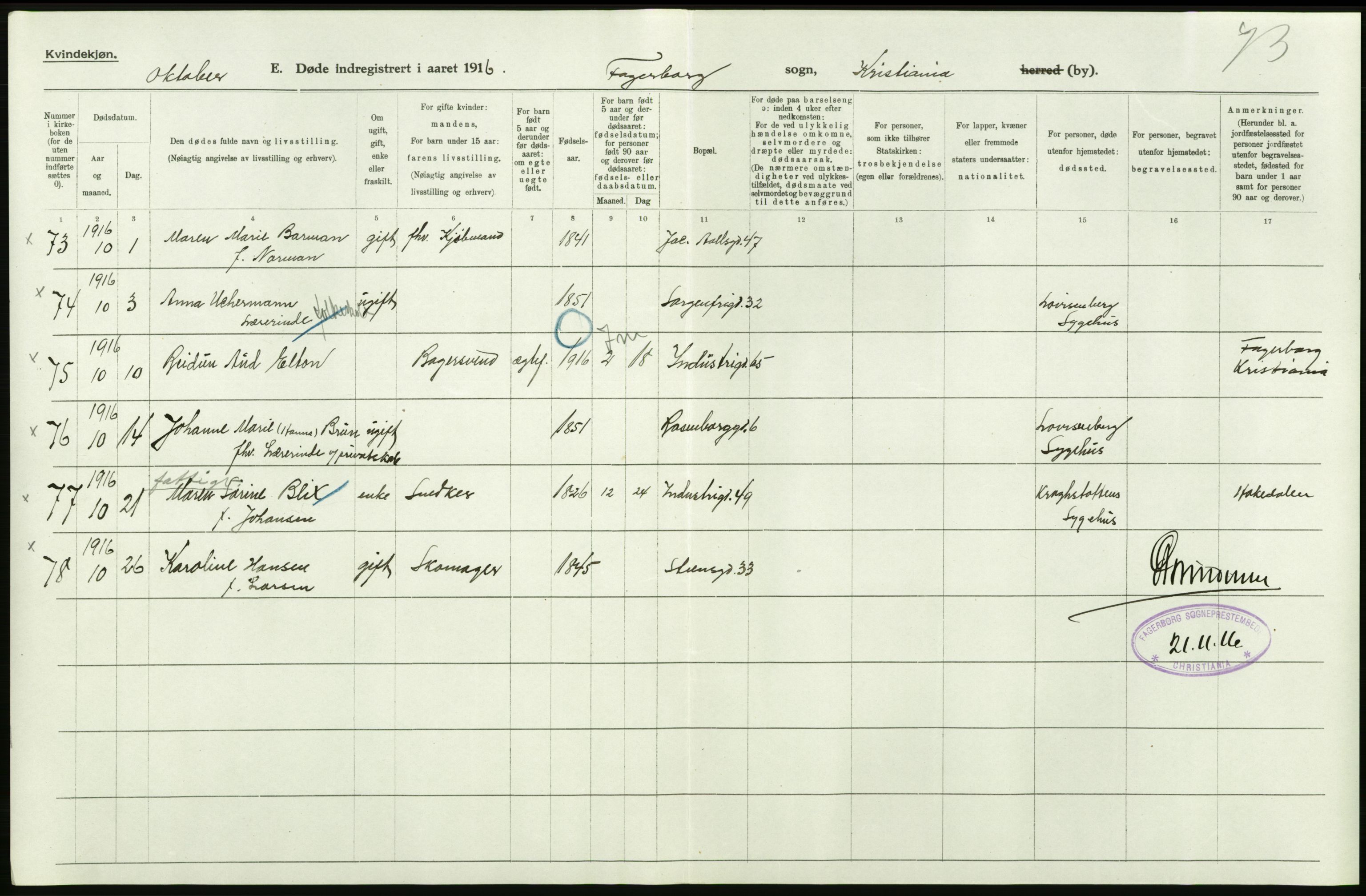 Statistisk sentralbyrå, Sosiodemografiske emner, Befolkning, AV/RA-S-2228/D/Df/Dfb/Dfbf/L0010: Kristiania: Døde, dødfødte., 1916, p. 326