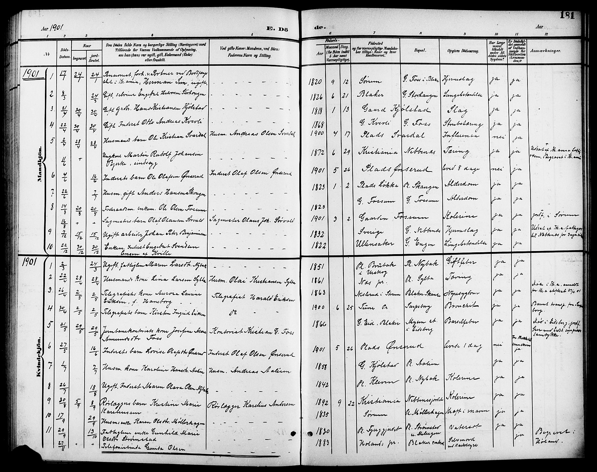 Aurskog prestekontor Kirkebøker, SAO/A-10304a/G/Gb/L0002: Parish register (copy) no. II 2, 1901-1926, p. 181