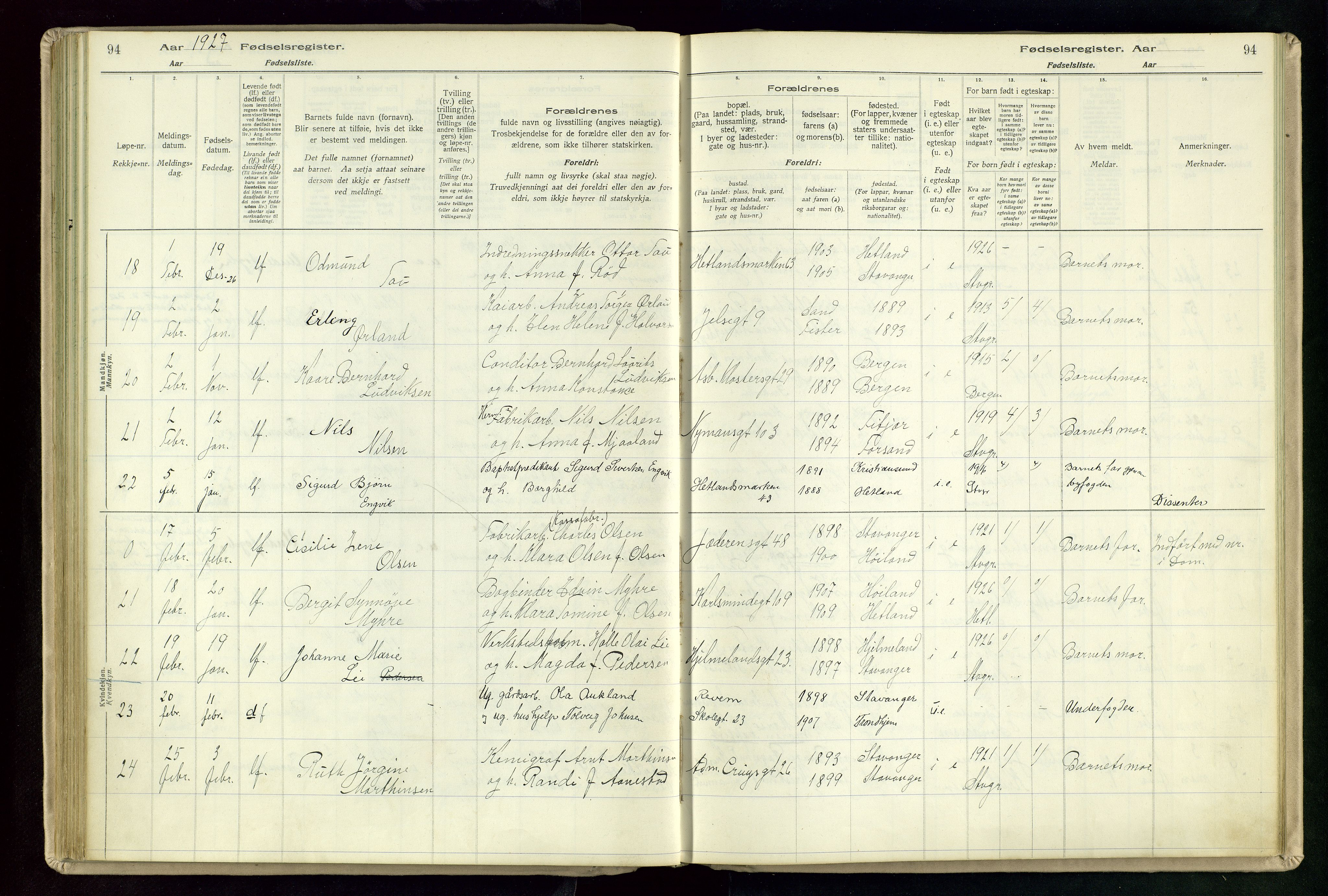 St. Johannes sokneprestkontor, SAST/A-101814/002/A/L0003: Birth register no. 3, 1924-1930, p. 94