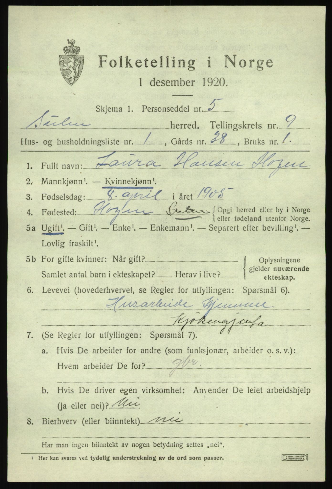 SAB, 1920 census for Solund, 1920, p. 3252