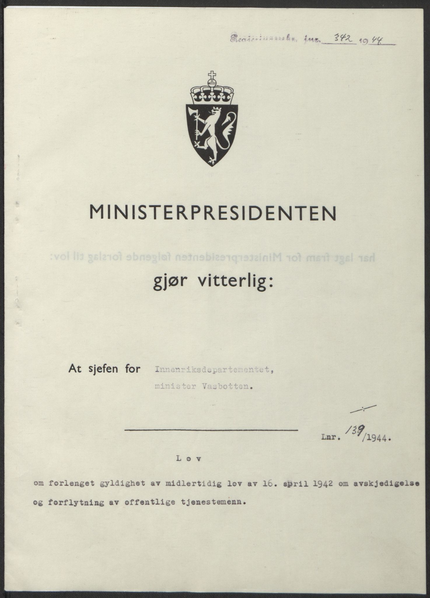 NS-administrasjonen 1940-1945 (Statsrådsekretariatet, de kommisariske statsråder mm), RA/S-4279/D/Db/L0100: Lover, 1944, p. 674