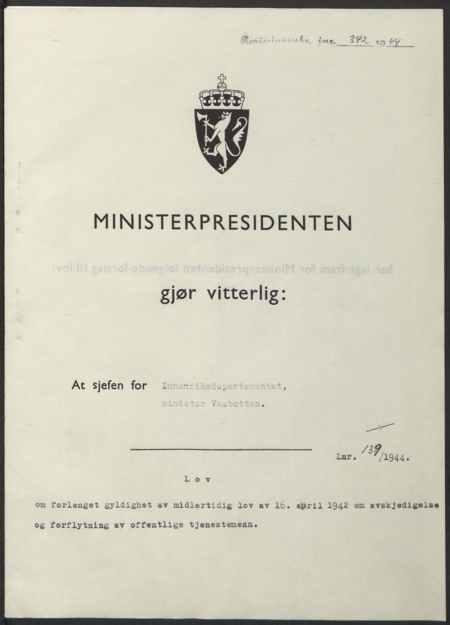 NS-administrasjonen 1940-1945 (Statsrådsekretariatet, de kommisariske statsråder mm), AV/RA-S-4279/D/Db/L0100: Lover, 1944, p. 674