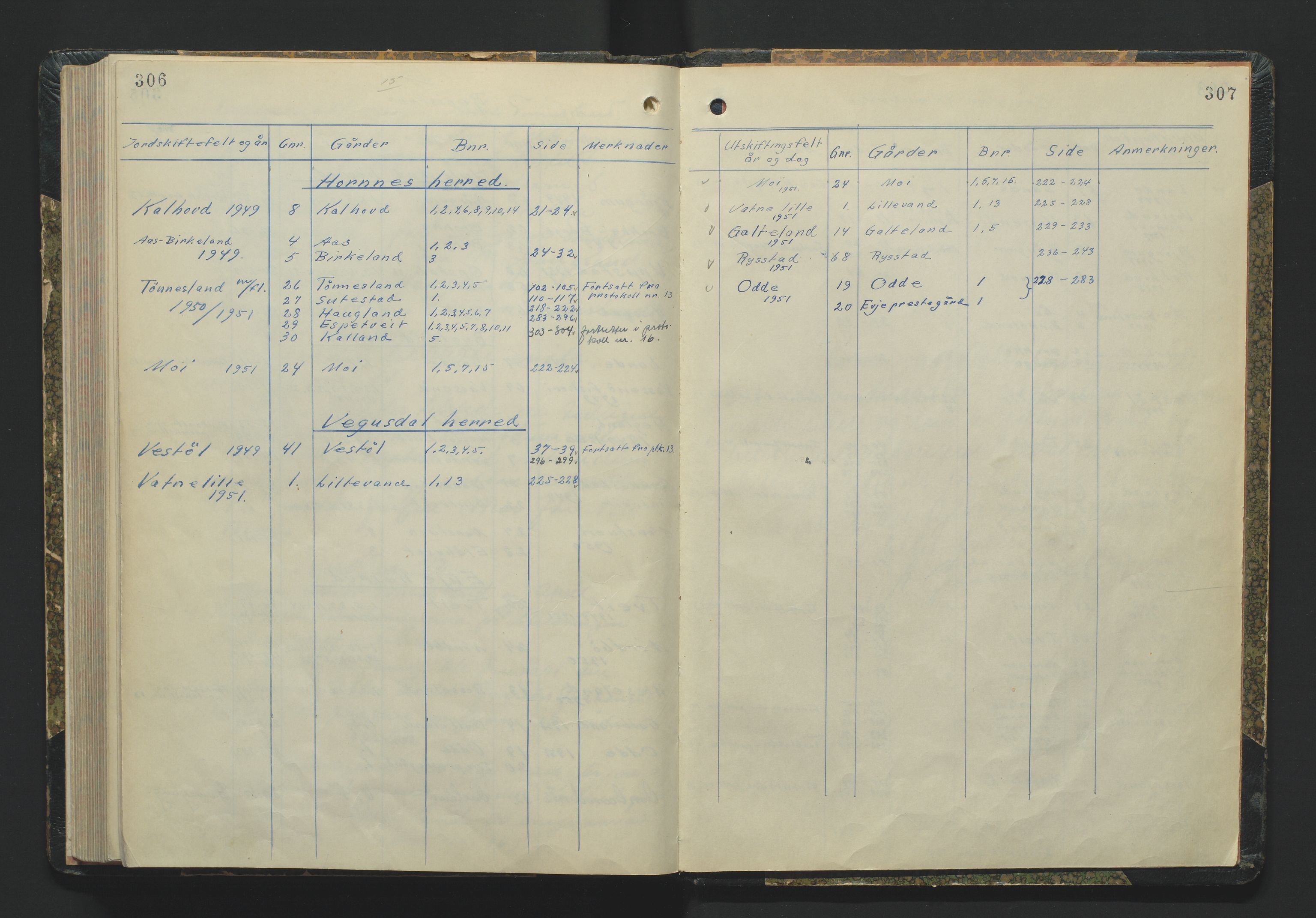 Utskiftningsformannen i Nedenes amt, AV/SAK-1541-0002/F/Fa/Fac/L0015: Jordskifteprotokoll med register, Setesdal domssokn nr 15, 1949-1952, p. 306-307