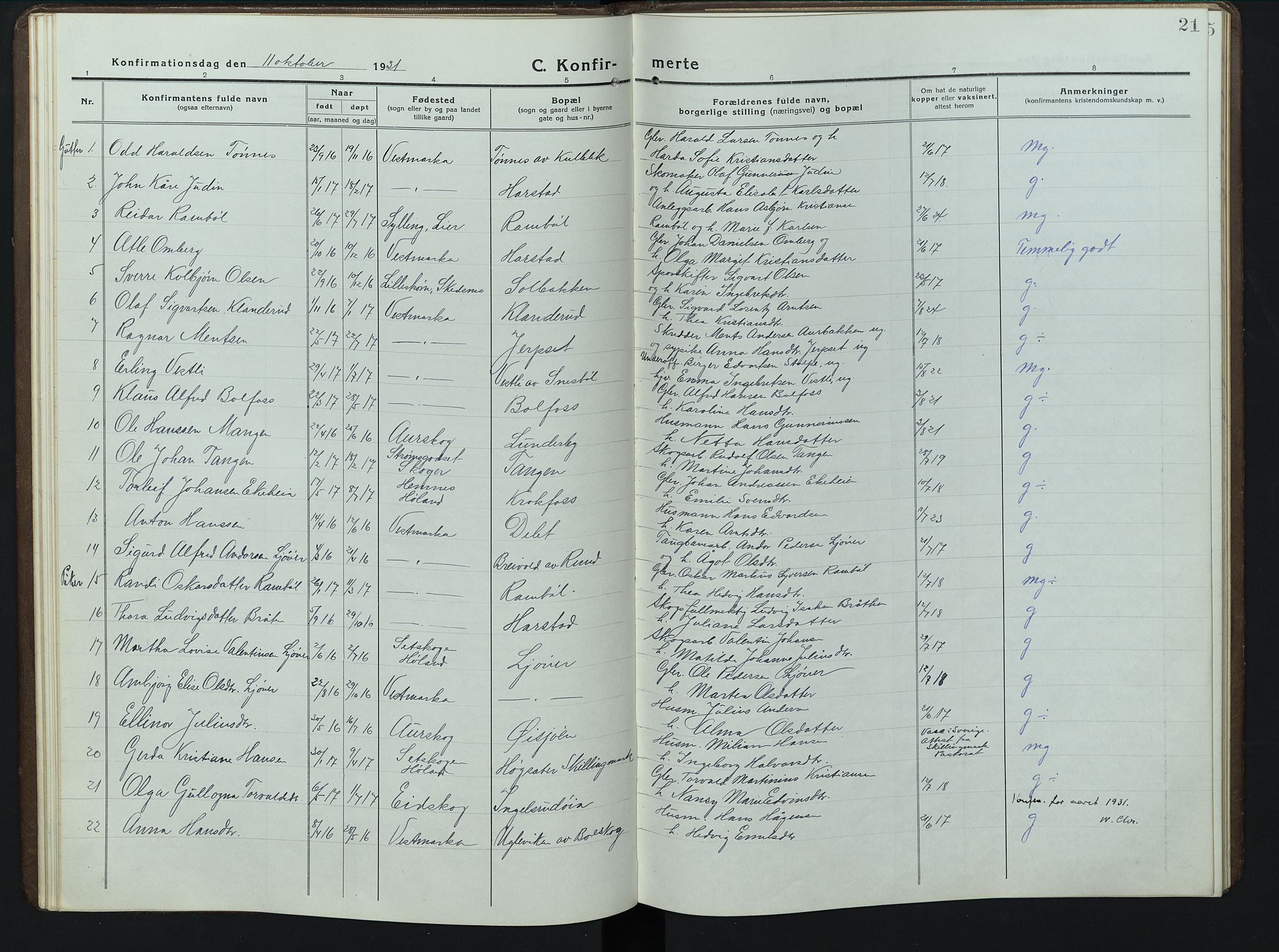 Eidskog prestekontor, SAH/PREST-026/H/Ha/Hab/L0006: Parish register (copy) no. 6, 1917-1952, p. 21