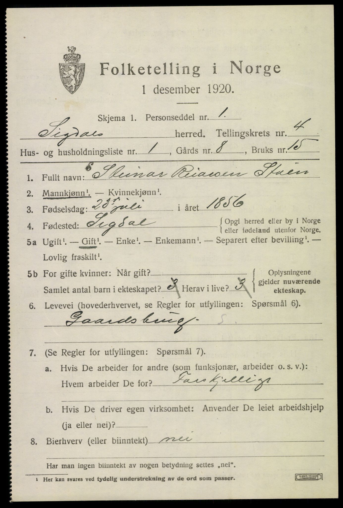 SAKO, 1920 census for Sigdal, 1920, p. 3154