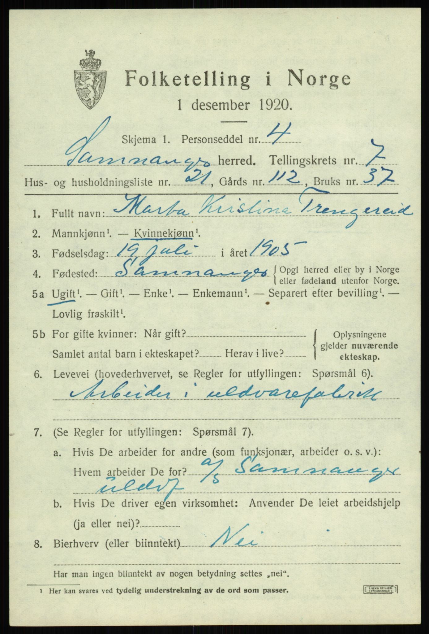 SAB, 1920 census for Samnanger, 1920, p. 3413