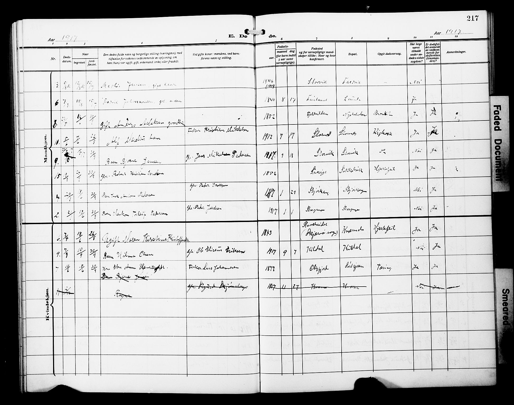 Skjervøy sokneprestkontor, AV/SATØ-S-1300/H/Ha/Hab/L0022klokker: Parish register (copy) no. 22, 1910-1926, p. 217