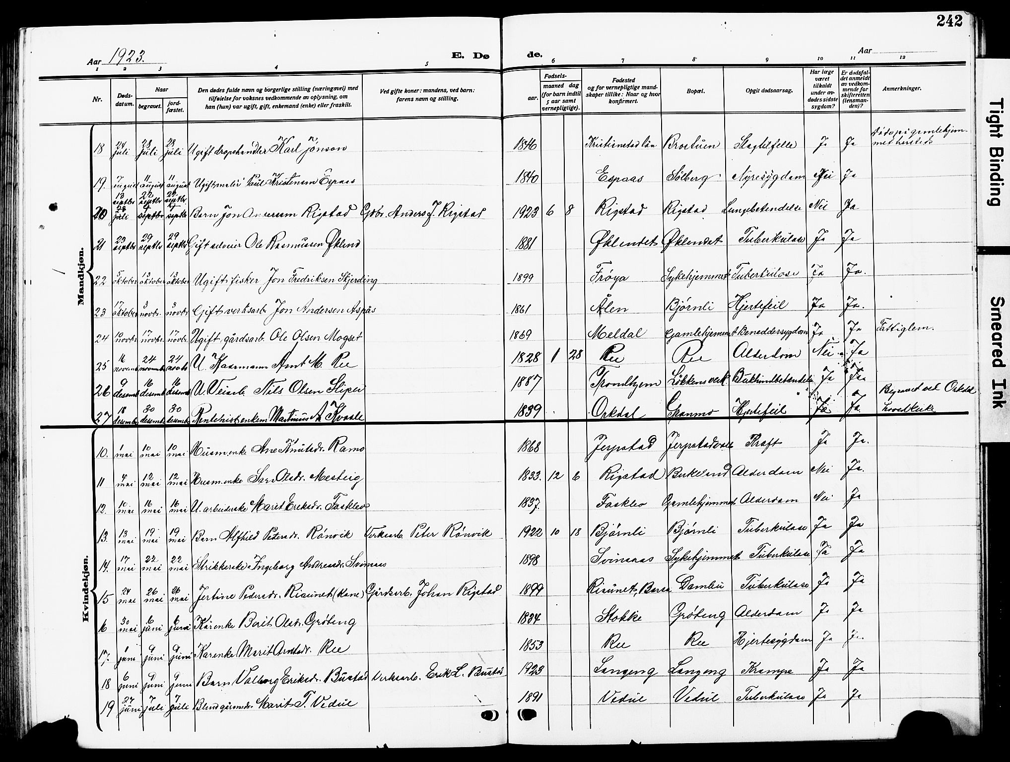 Ministerialprotokoller, klokkerbøker og fødselsregistre - Sør-Trøndelag, SAT/A-1456/672/L0865: Parish register (copy) no. 672C04, 1914-1928, p. 242