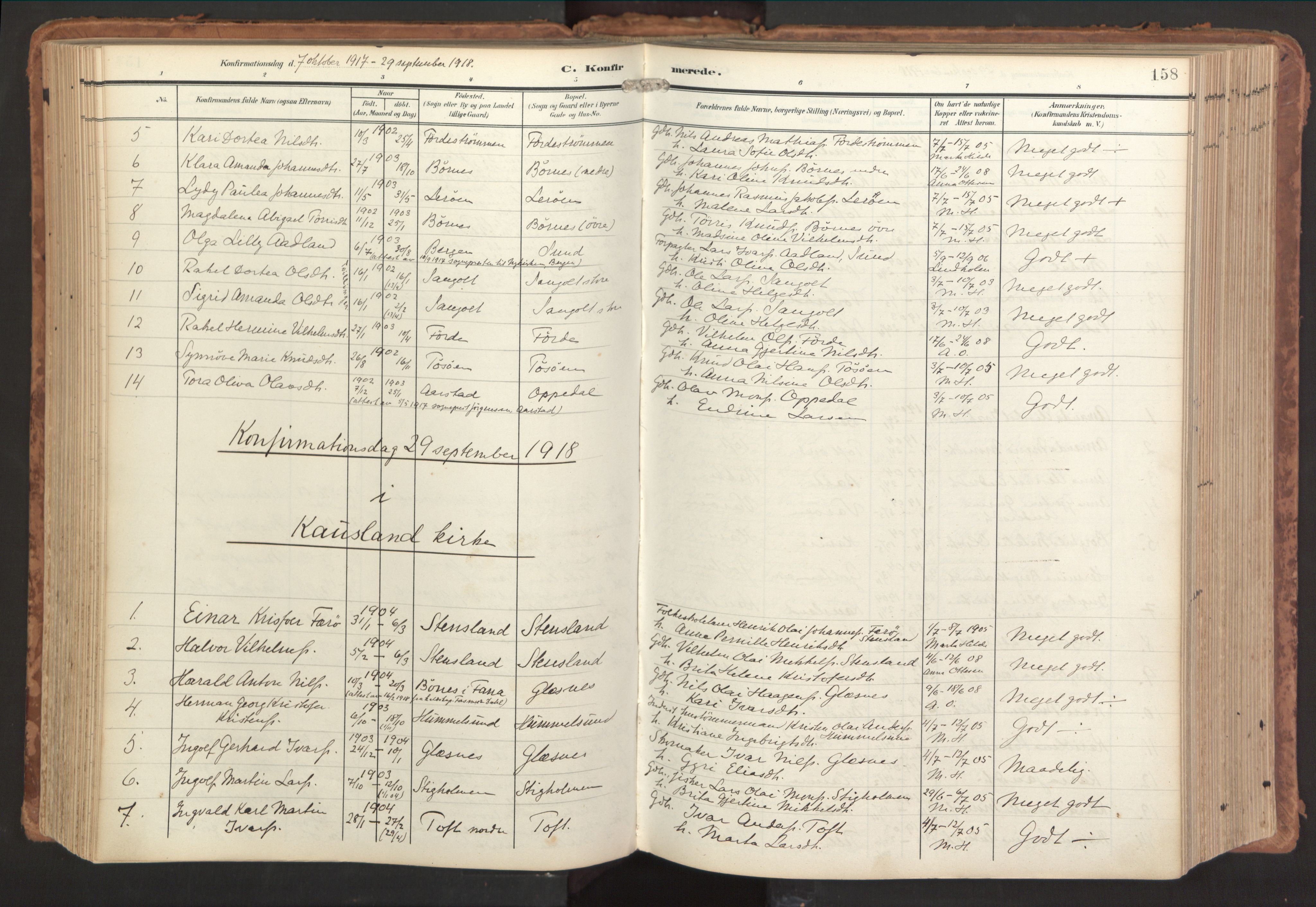 Sund sokneprestembete, SAB/A-99930: Parish register (official) no. B 2, 1907-1926, p. 158