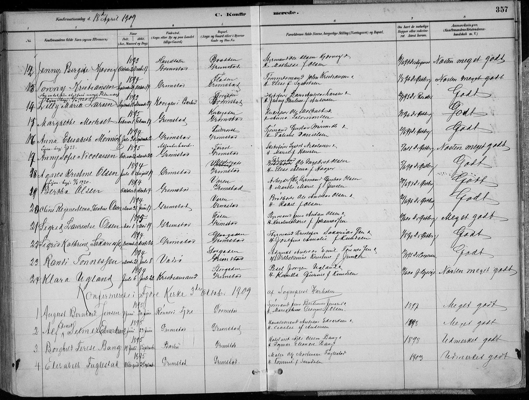 Grimstad sokneprestkontor, SAK/1111-0017/F/Fa/L0003: Parish register (official) no. A 2, 1882-1912, p. 357