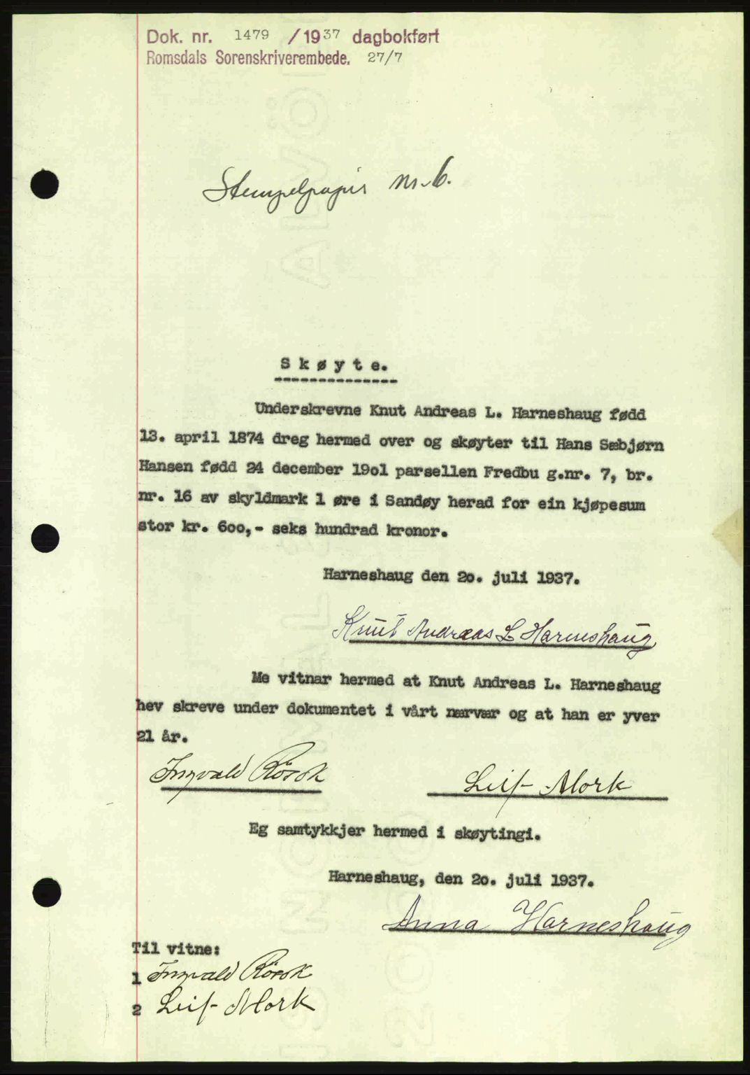 Romsdal sorenskriveri, SAT/A-4149/1/2/2C: Mortgage book no. A3, 1937-1937, Diary no: : 1479/1937
