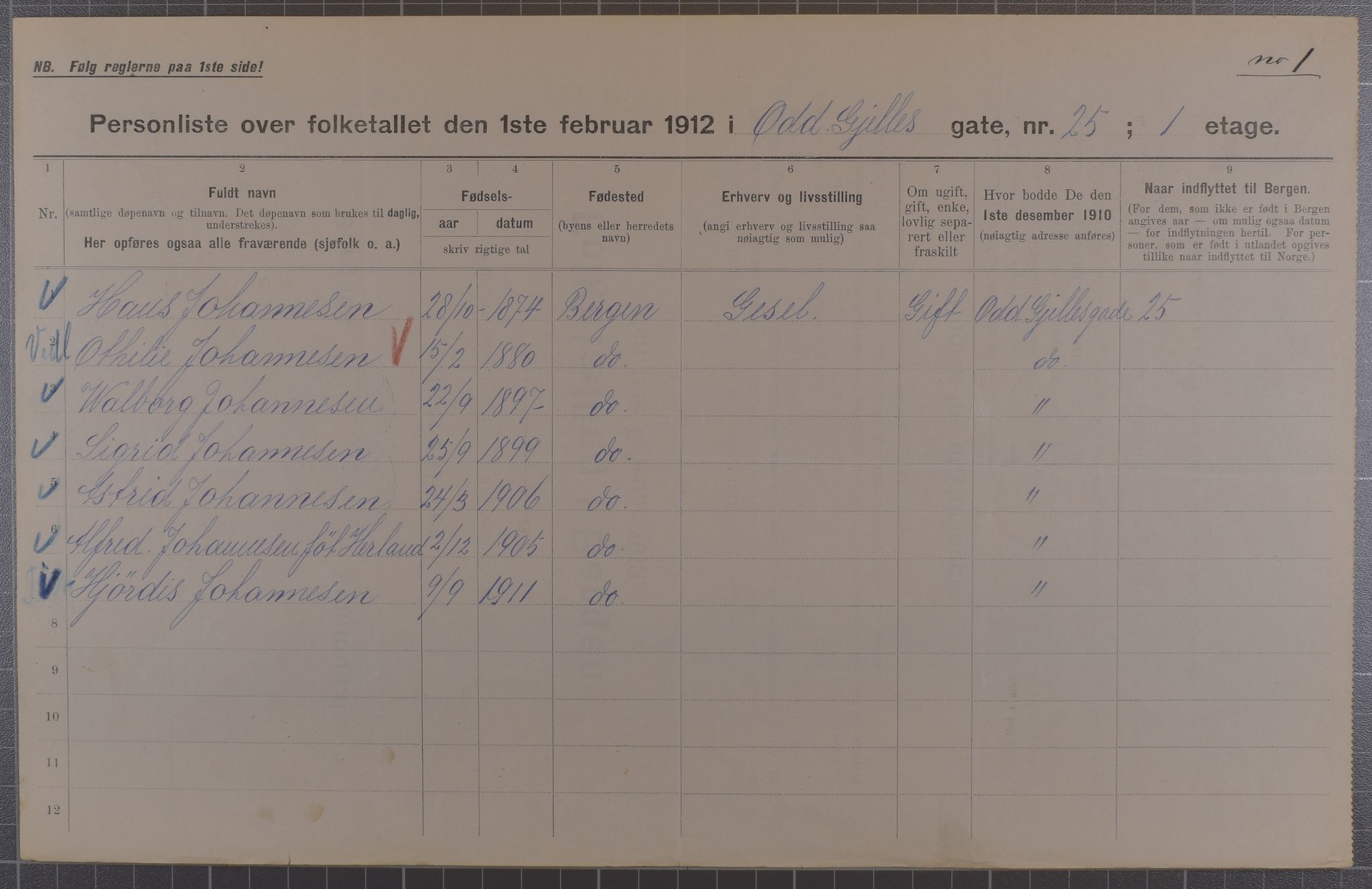 SAB, Municipal Census 1912 for Bergen, 1912, p. 172