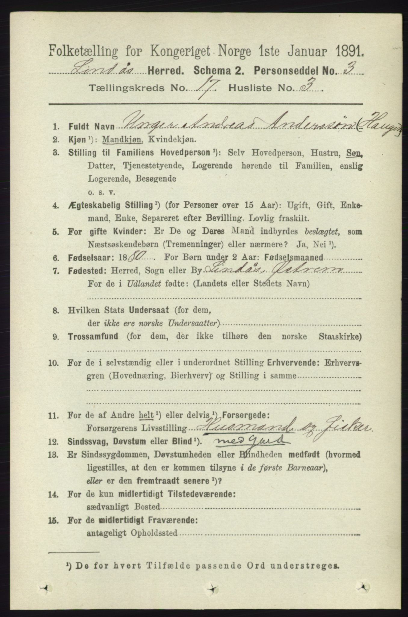 RA, 1891 census for 1263 Lindås, 1891, p. 6142