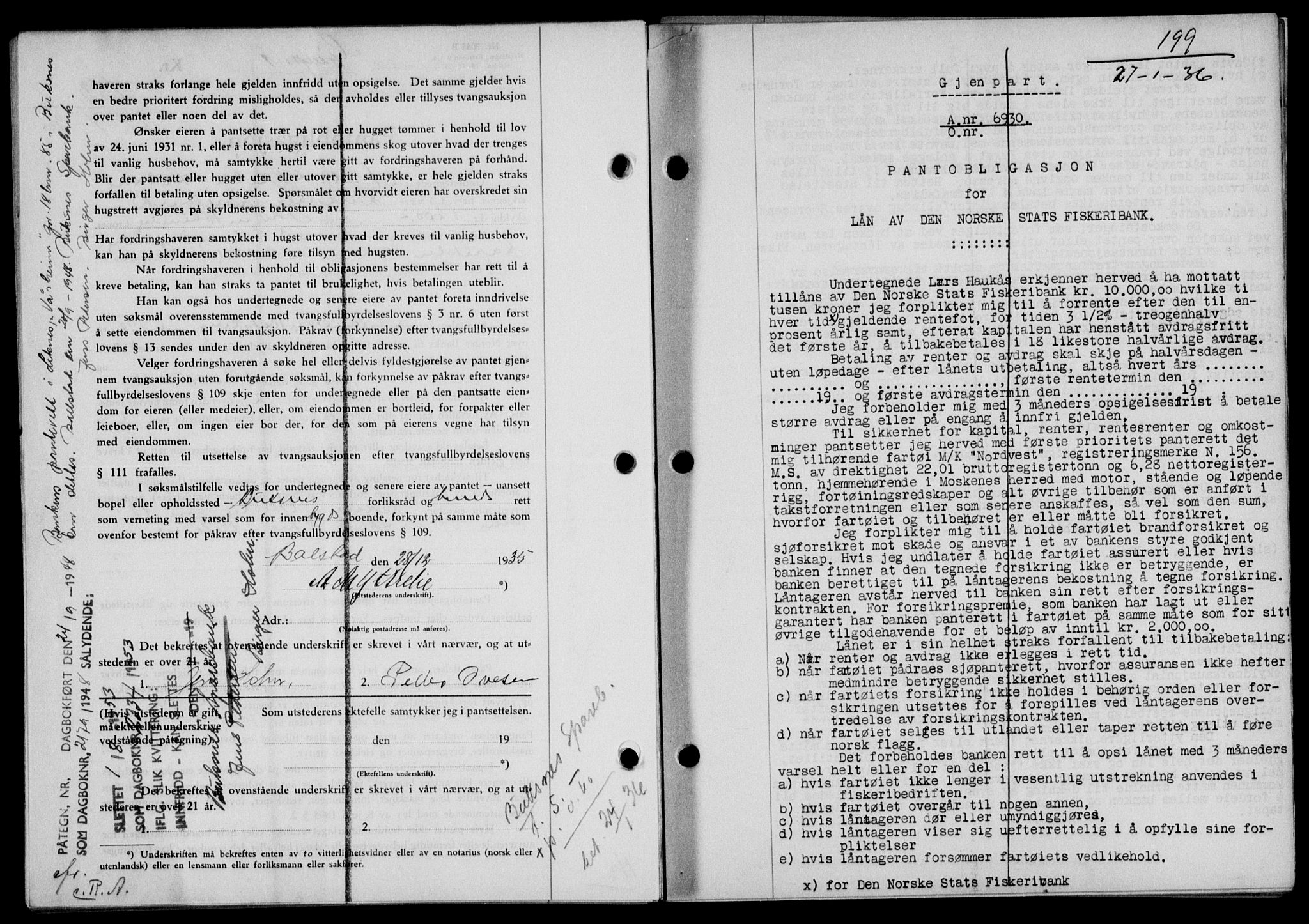 Lofoten sorenskriveri, SAT/A-0017/1/2/2C/L0033b: Mortgage book no. 33b, 1936-1936, Diary no: : 199/1936