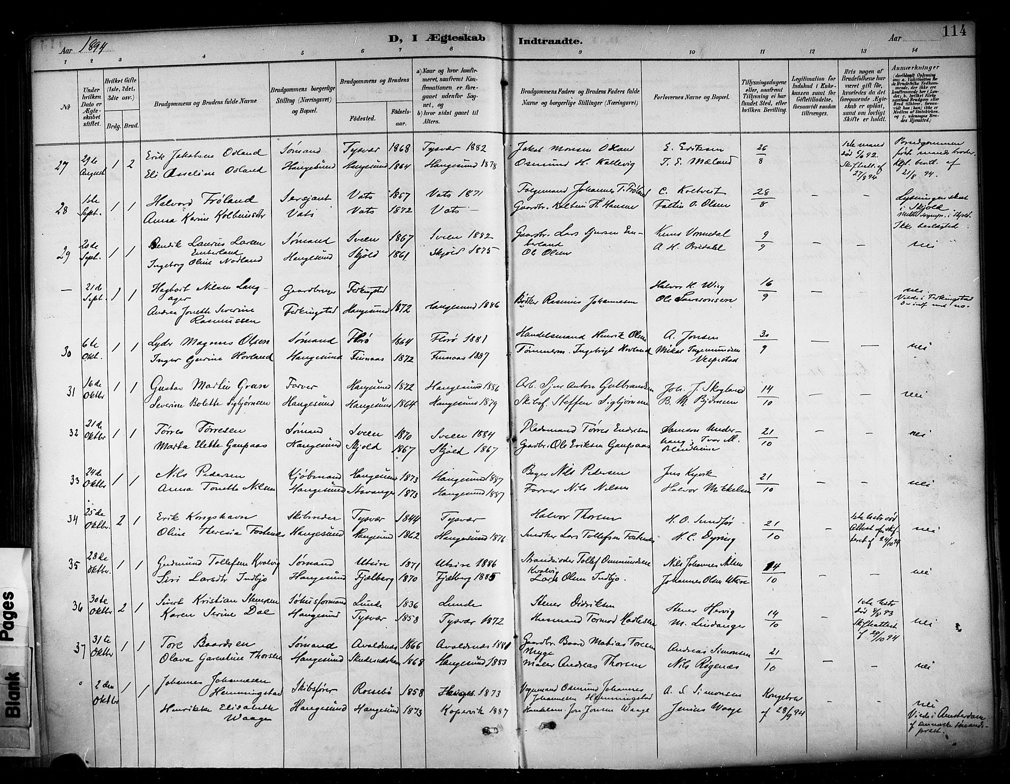 Haugesund sokneprestkontor, AV/SAST-A -101863/H/Ha/Haa/L0005: Parish register (official) no. A 5, 1891-1903, p. 114