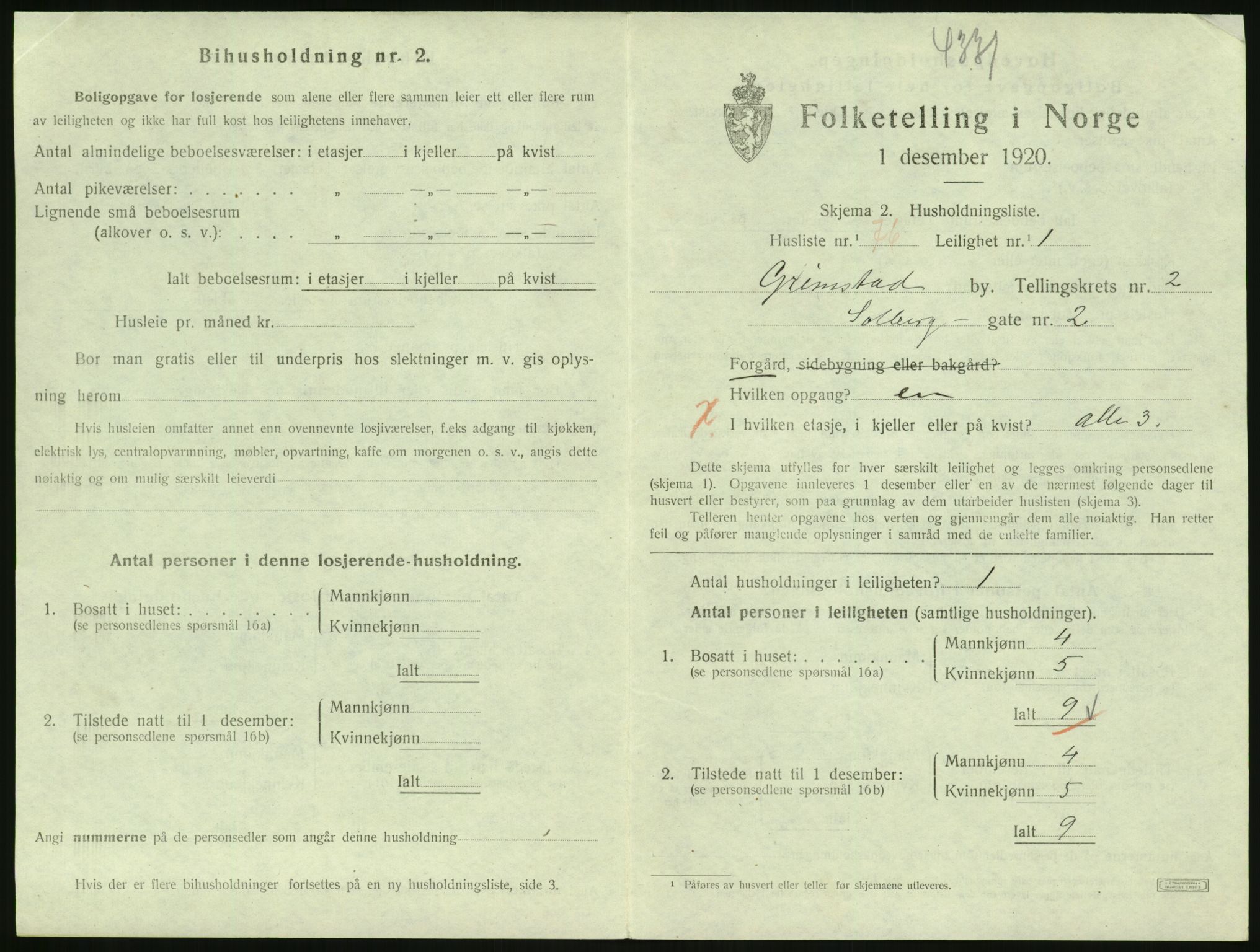 SAK, 1920 census for Grimstad, 1920, p. 1491