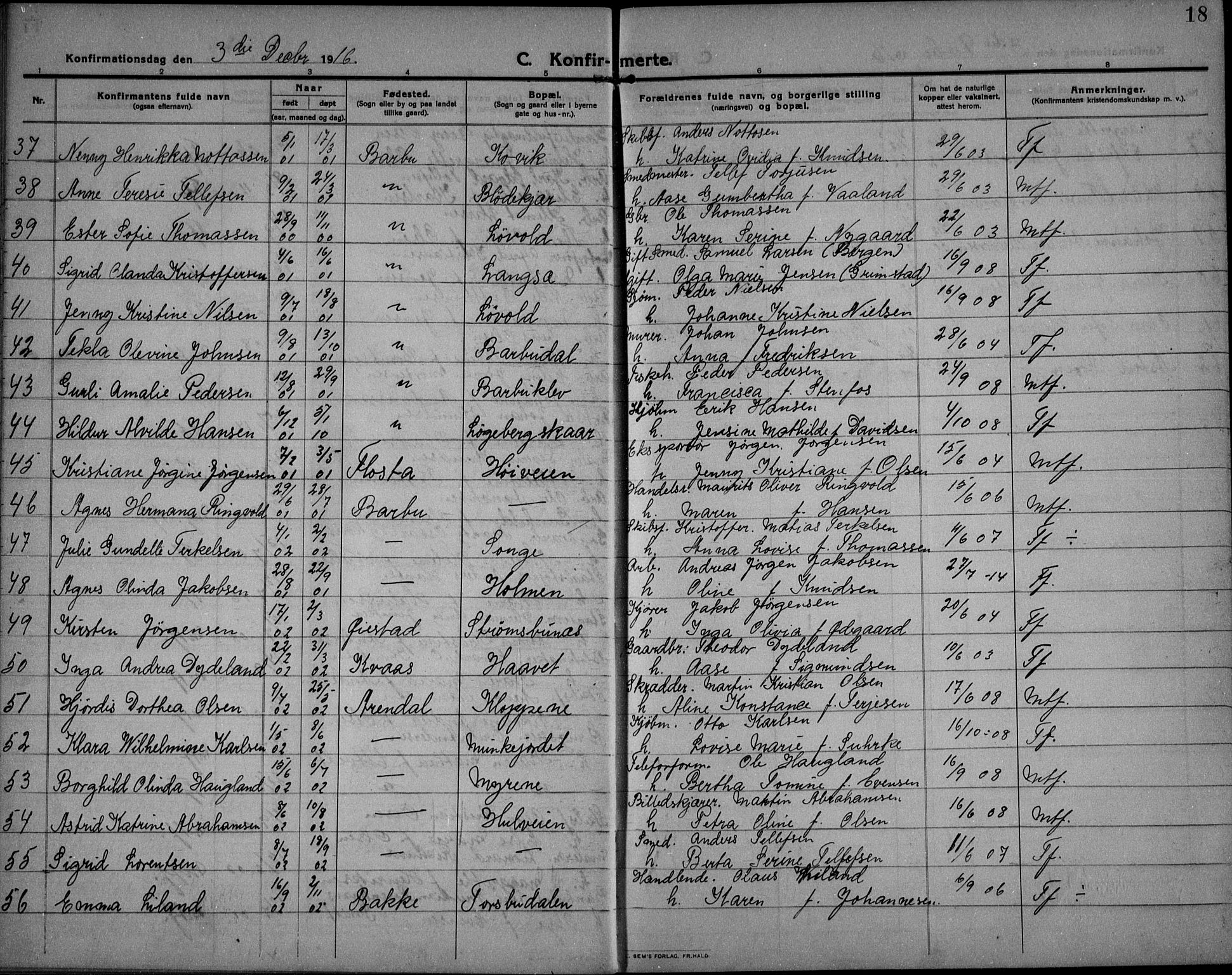 Barbu sokneprestkontor, AV/SAK-1111-0003/F/Fb/L0004: Parish register (copy) no. B 4, 1911-1936, p. 18