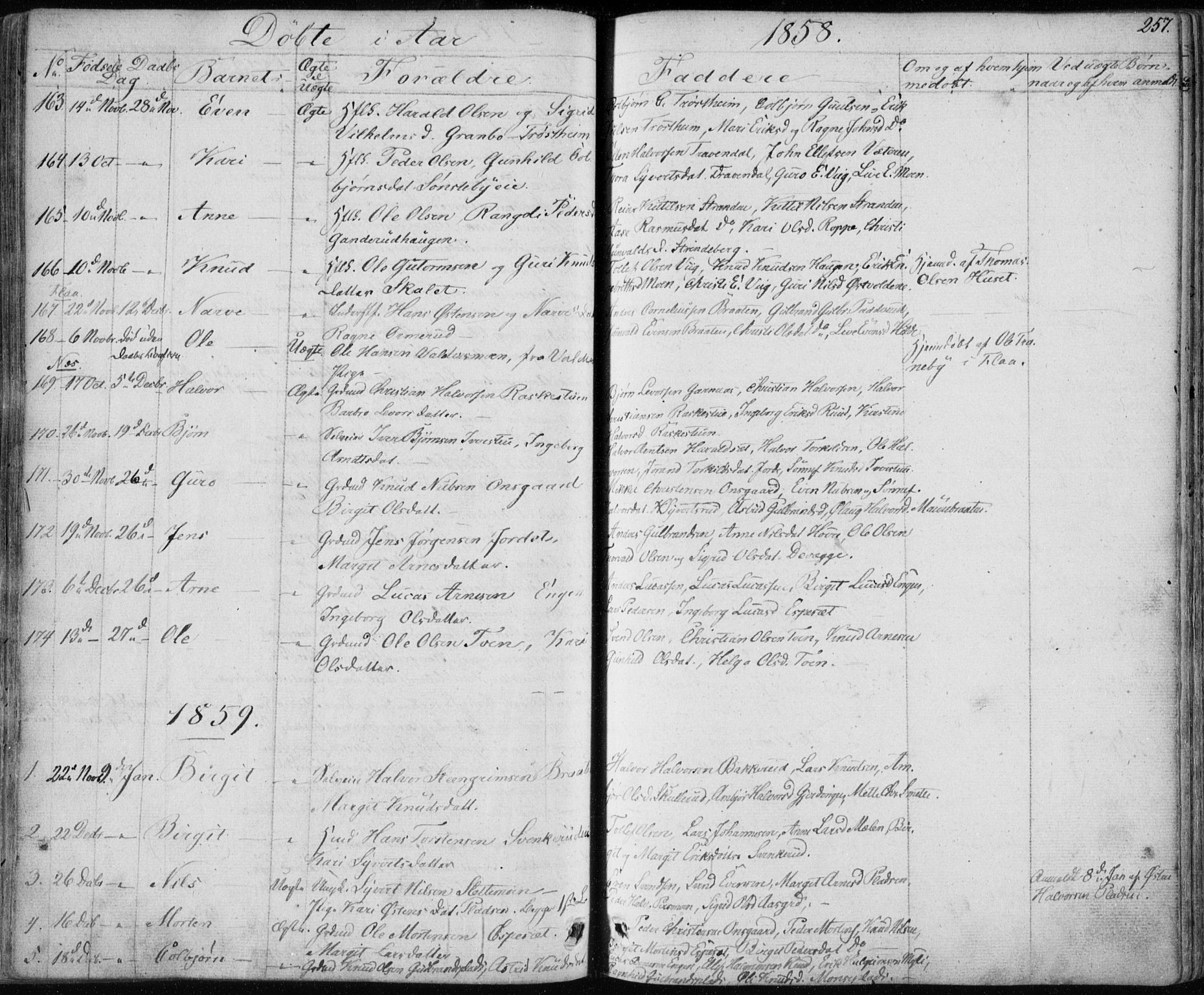 Nes kirkebøker, SAKO/A-236/F/Fa/L0009: Parish register (official) no. 9, 1834-1863, p. 257