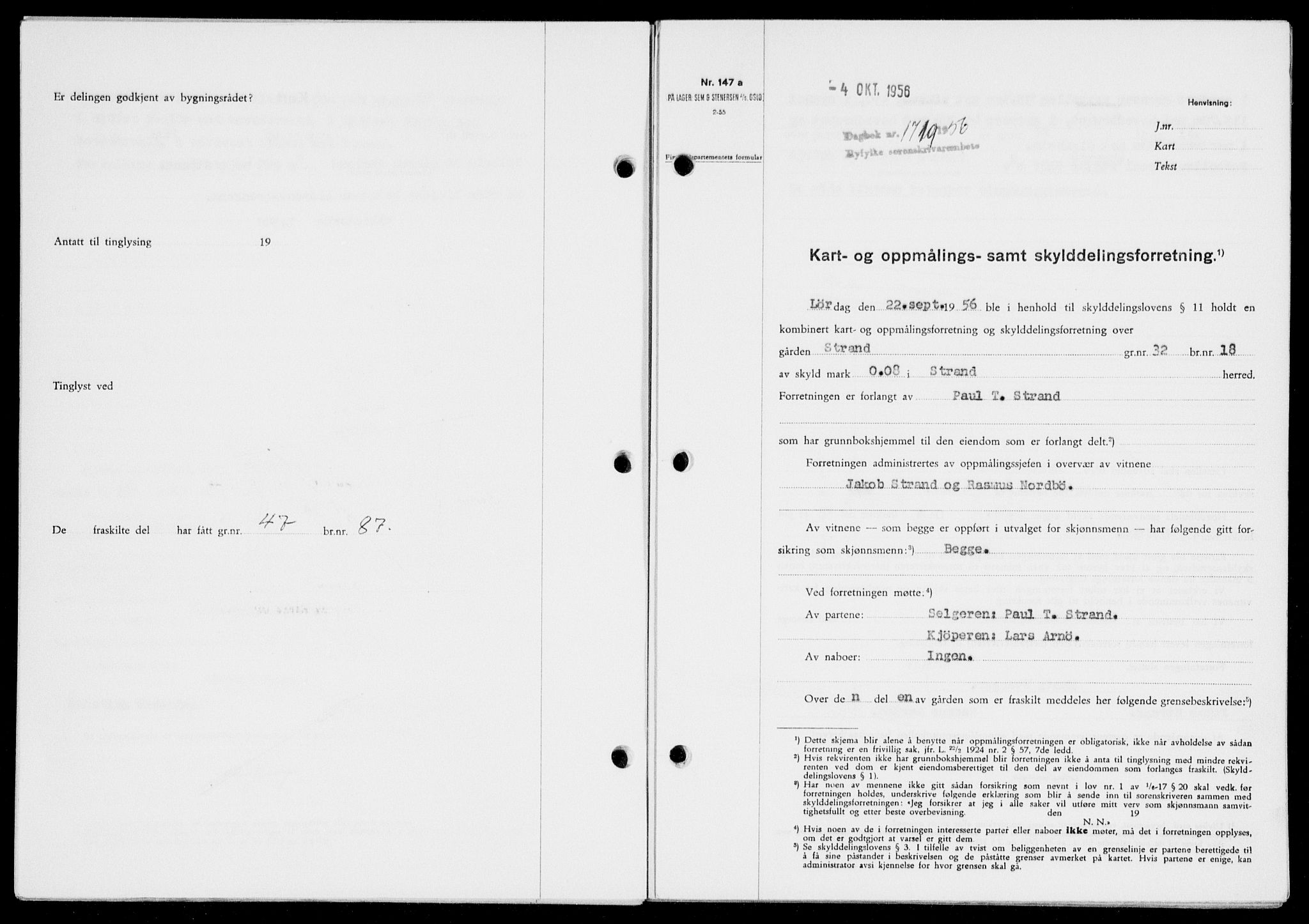 Ryfylke tingrett, SAST/A-100055/001/II/IIB/L0134: Mortgage book no. 113, 1956-1956, Diary no: : 1719/1956