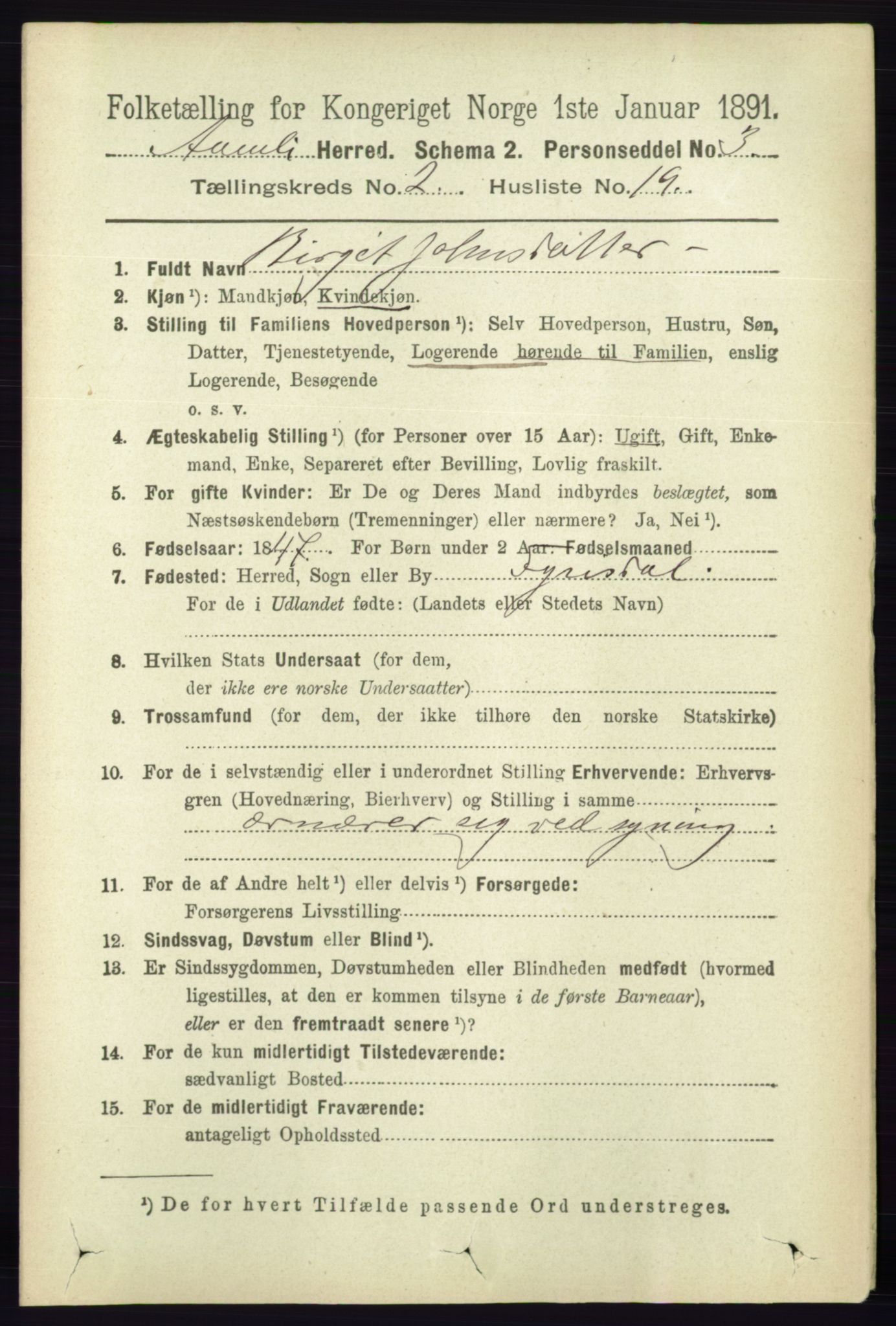 RA, 1891 census for 0929 Åmli, 1891, p. 287