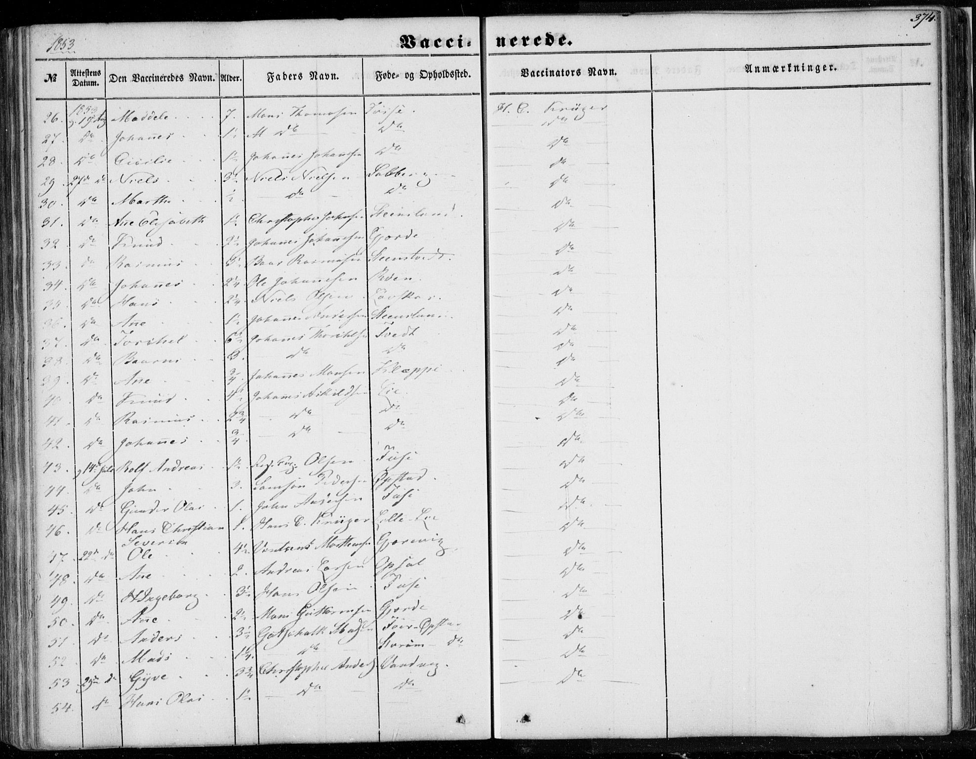 Os sokneprestembete, SAB/A-99929: Parish register (official) no. A 16, 1851-1859, p. 374