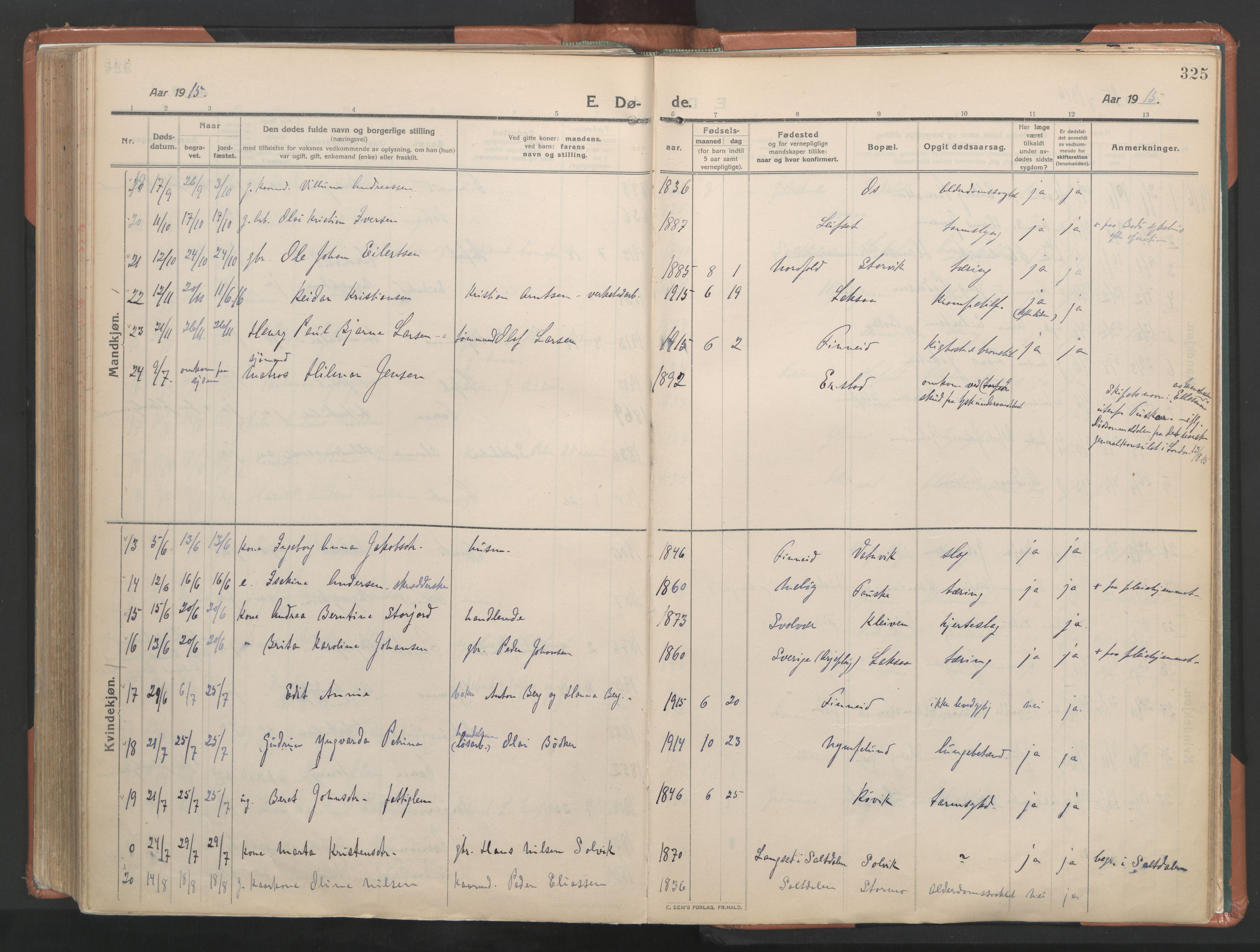 Ministerialprotokoller, klokkerbøker og fødselsregistre - Nordland, AV/SAT-A-1459/849/L0698: Parish register (official) no. 849A09, 1911-1924, p. 325