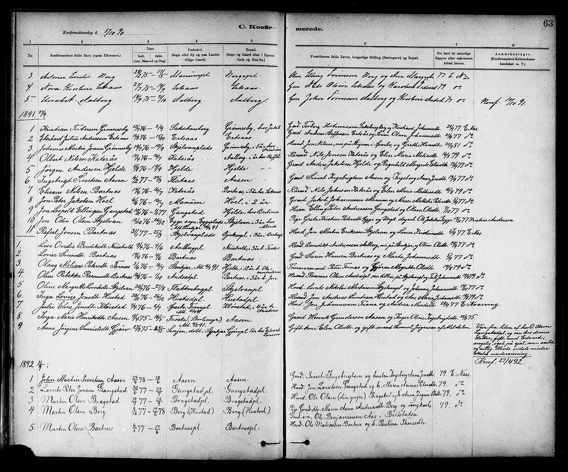 Ministerialprotokoller, klokkerbøker og fødselsregistre - Nord-Trøndelag, SAT/A-1458/732/L0318: Parish register (copy) no. 732C02, 1881-1911, p. 63