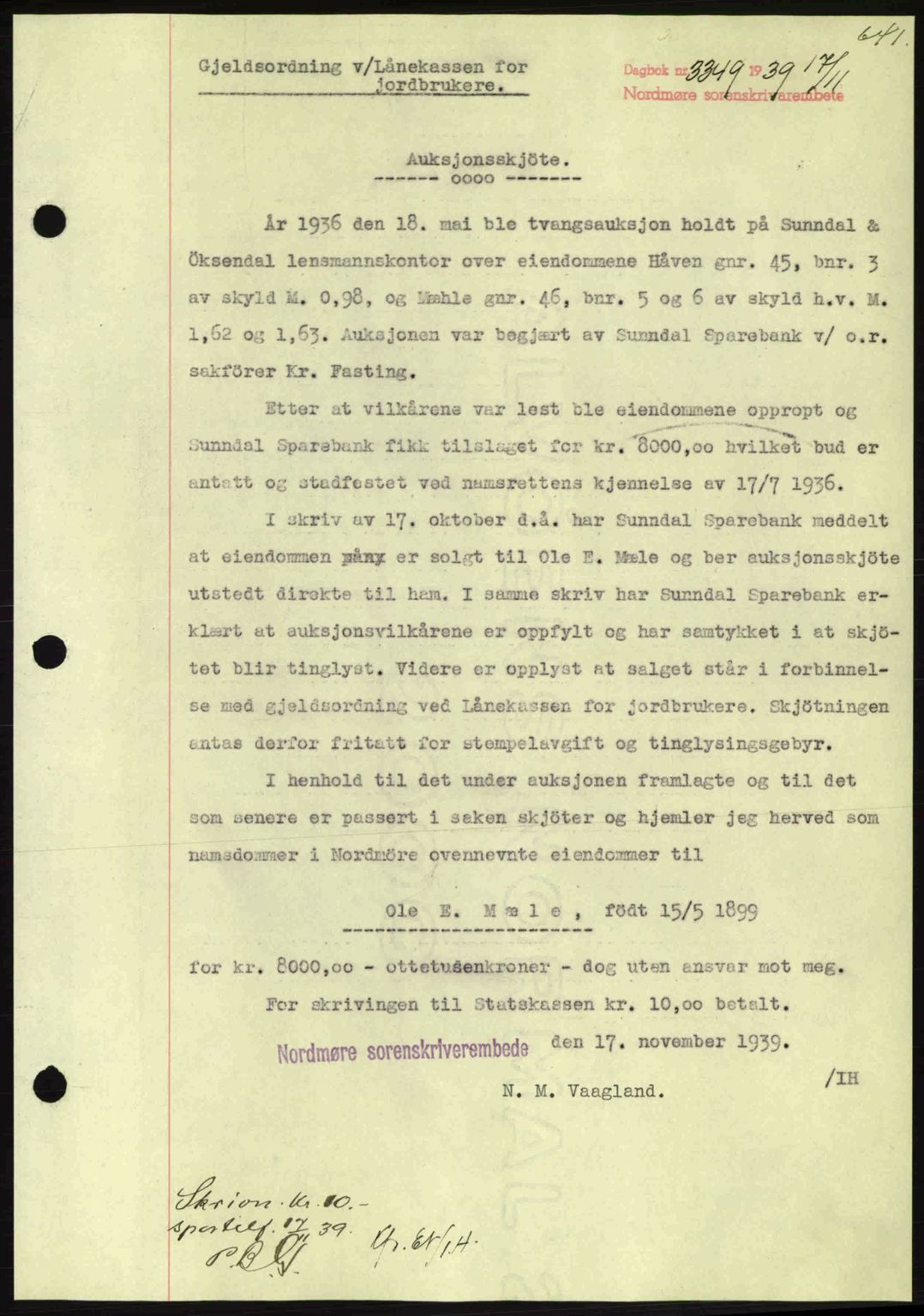 Nordmøre sorenskriveri, AV/SAT-A-4132/1/2/2Ca: Mortgage book no. A87, 1939-1940, Diary no: : 3349/1939