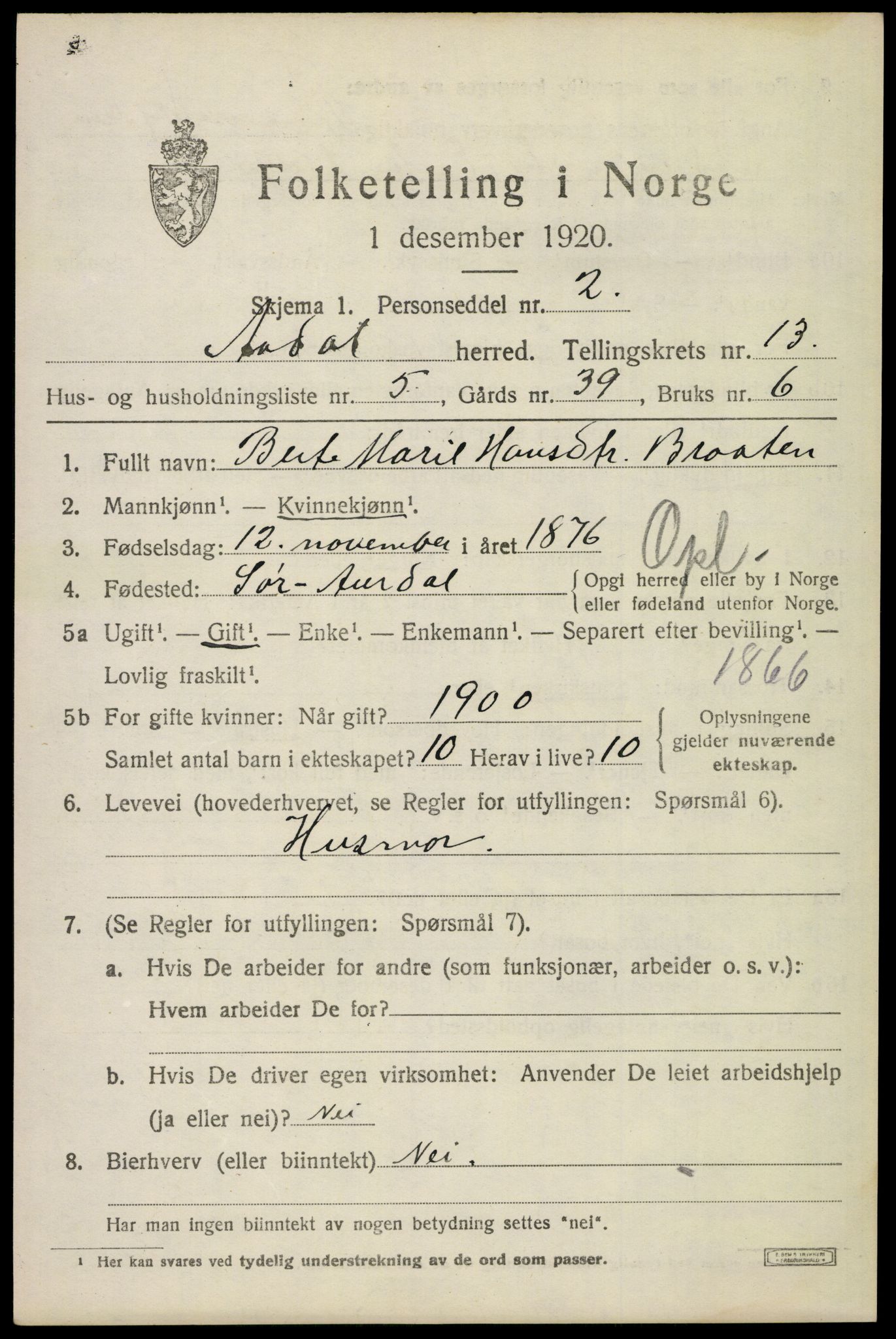 SAKO, 1920 census for Ådal, 1920, p. 7686