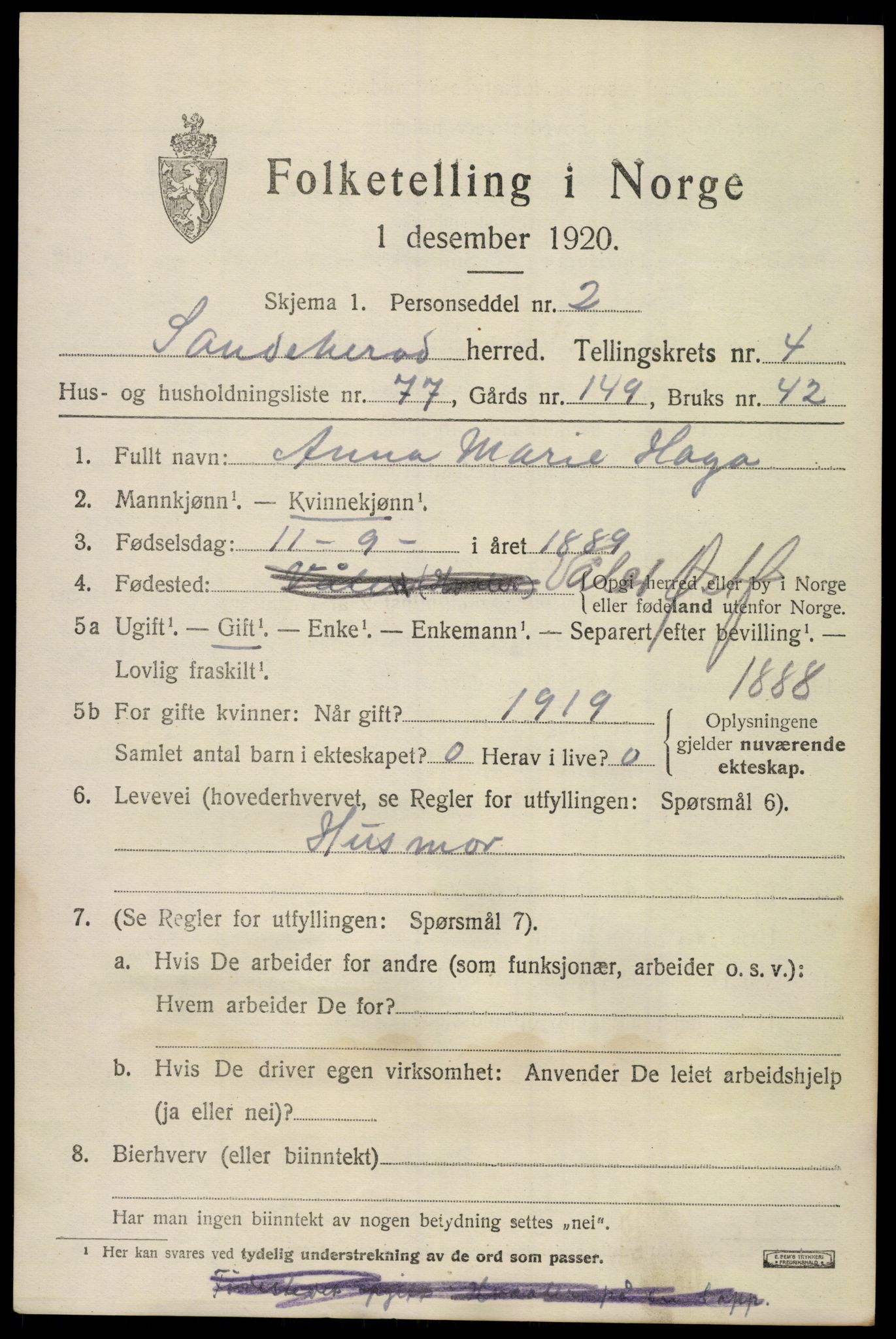 SAKO, 1920 census for Sandeherred, 1920, p. 7478