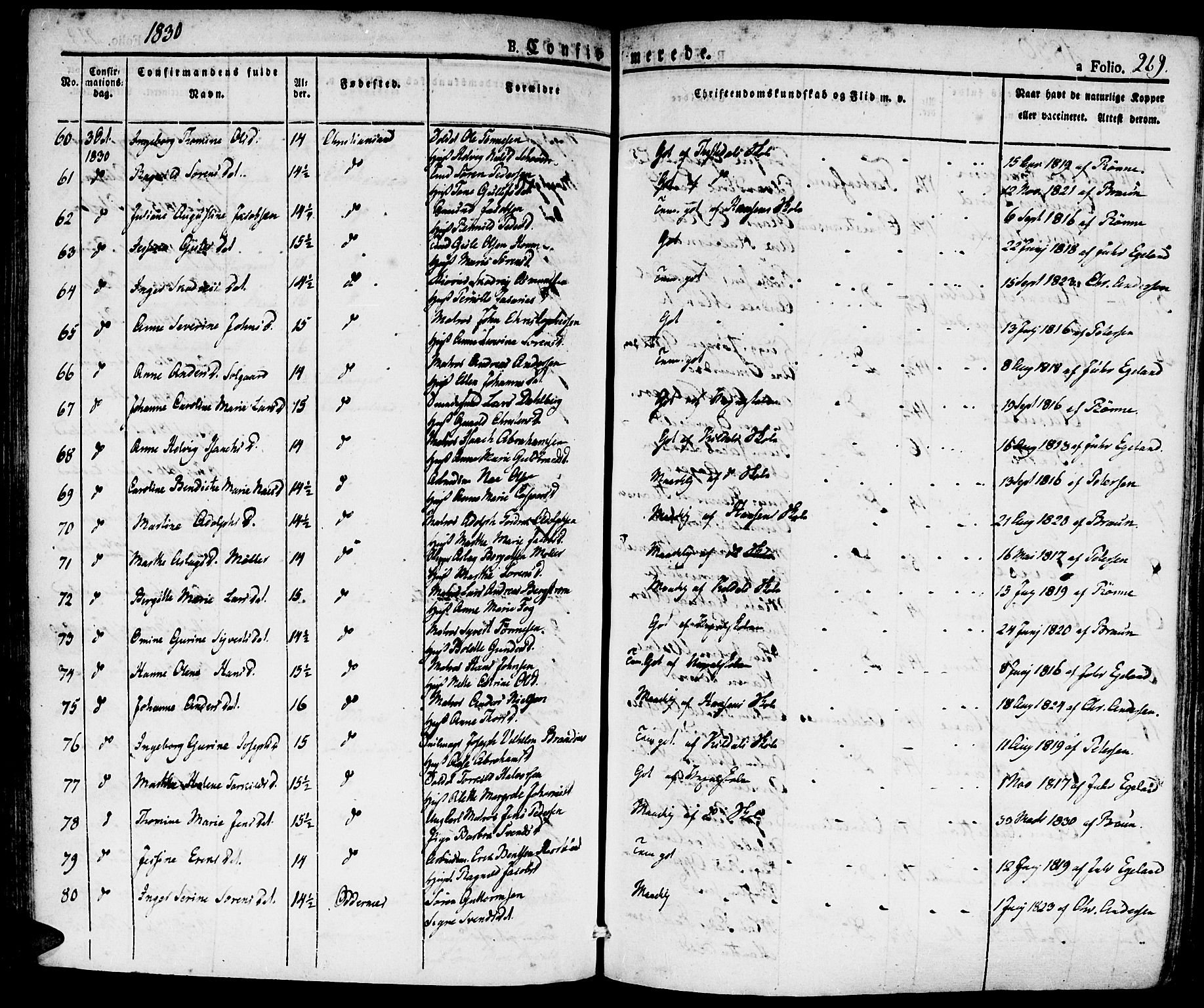 Kristiansand domprosti, SAK/1112-0006/F/Fa/L0011: Parish register (official) no. A 11, 1827-1841, p. 269