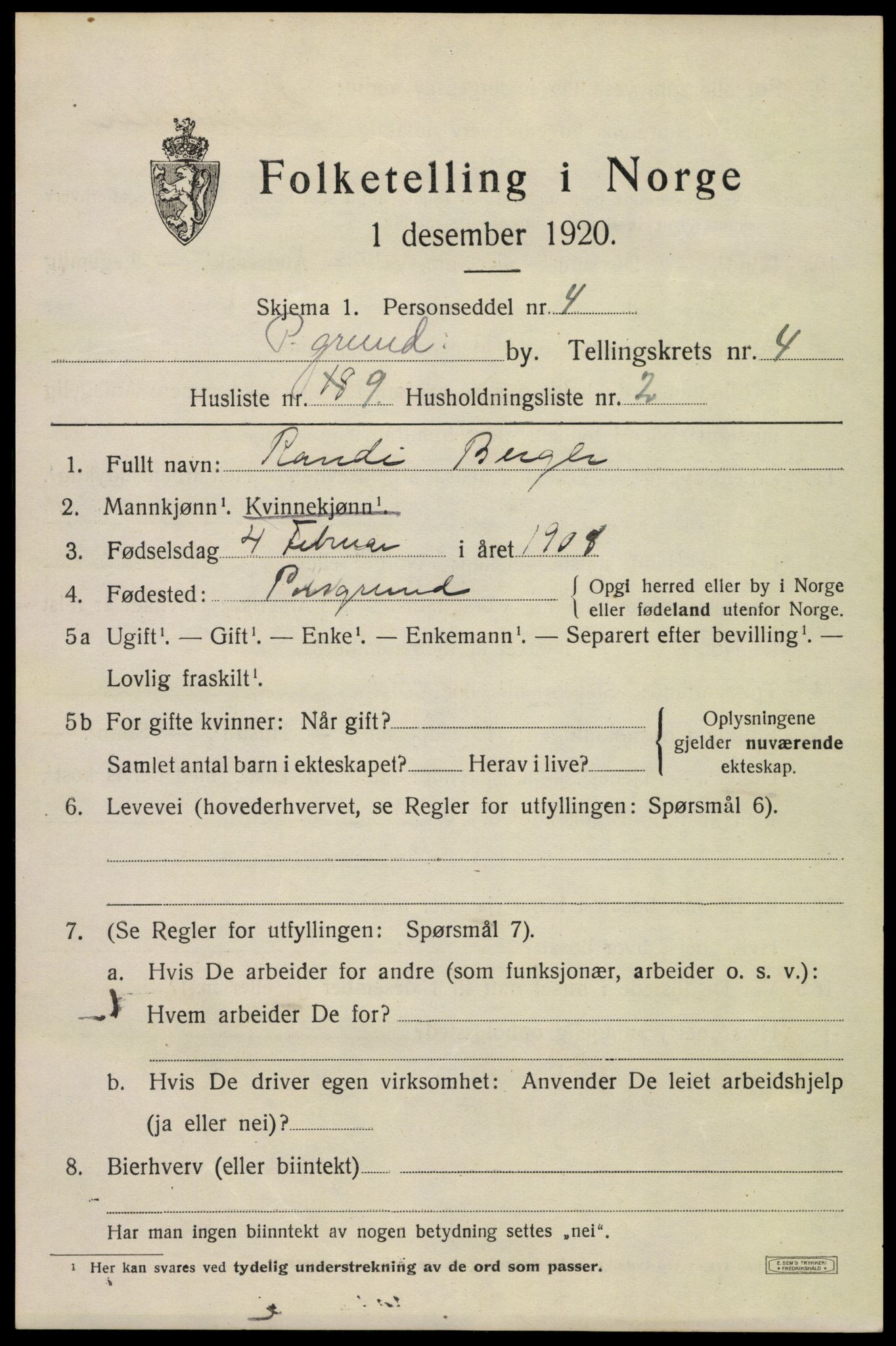 SAKO, 1920 census for Porsgrunn, 1920, p. 18949