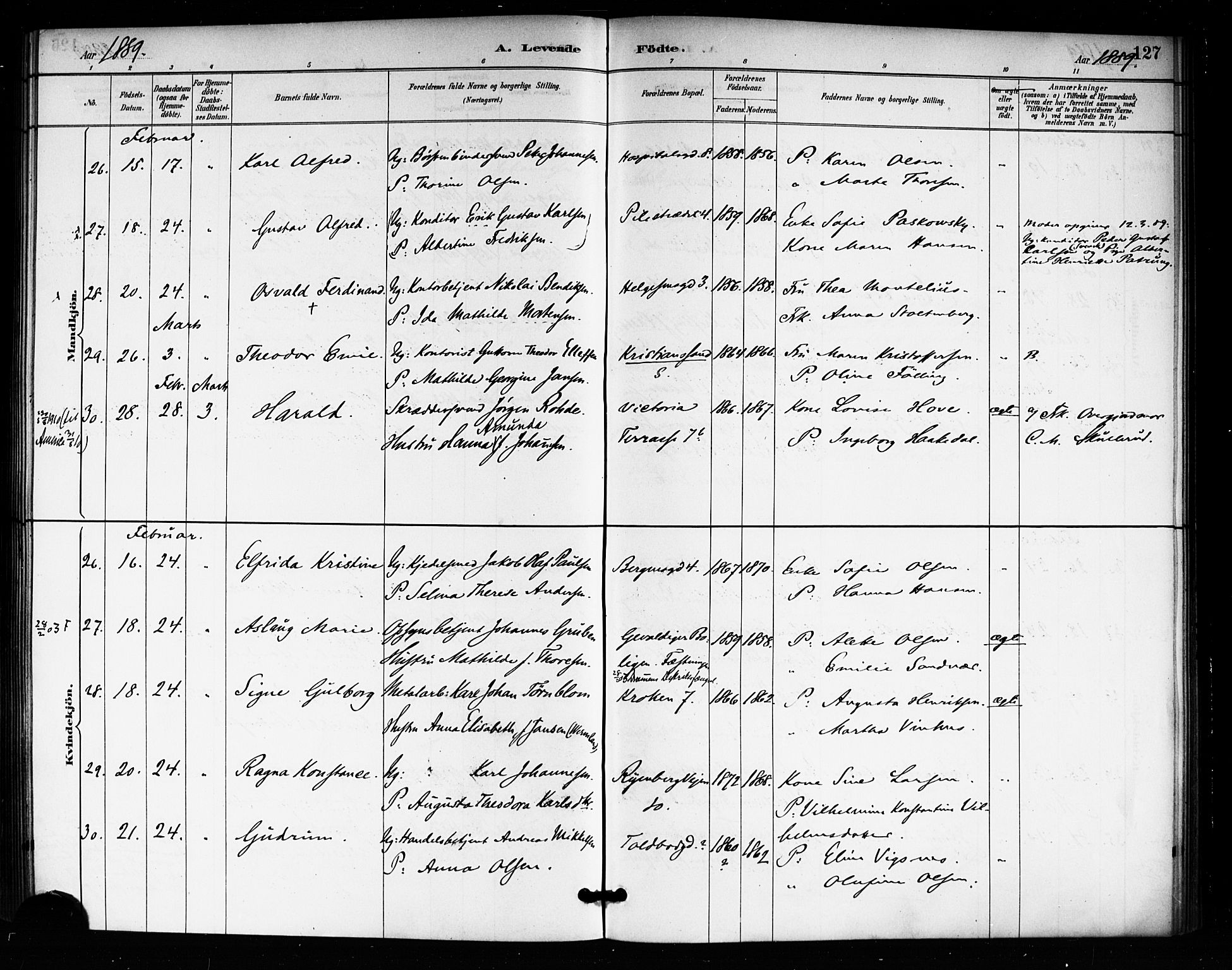 Rikshospitalet prestekontor Kirkebøker, SAO/A-10309b/F/L0007: Parish register (official) no. 7, 1885-1890, p. 127